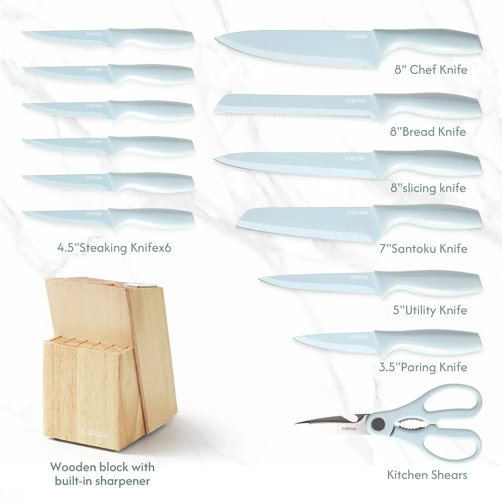 Carote 15-Piece Premium Kitchen Knife Set, Ceramic-Coated Blades with Stylish Wooden Block - Image 2