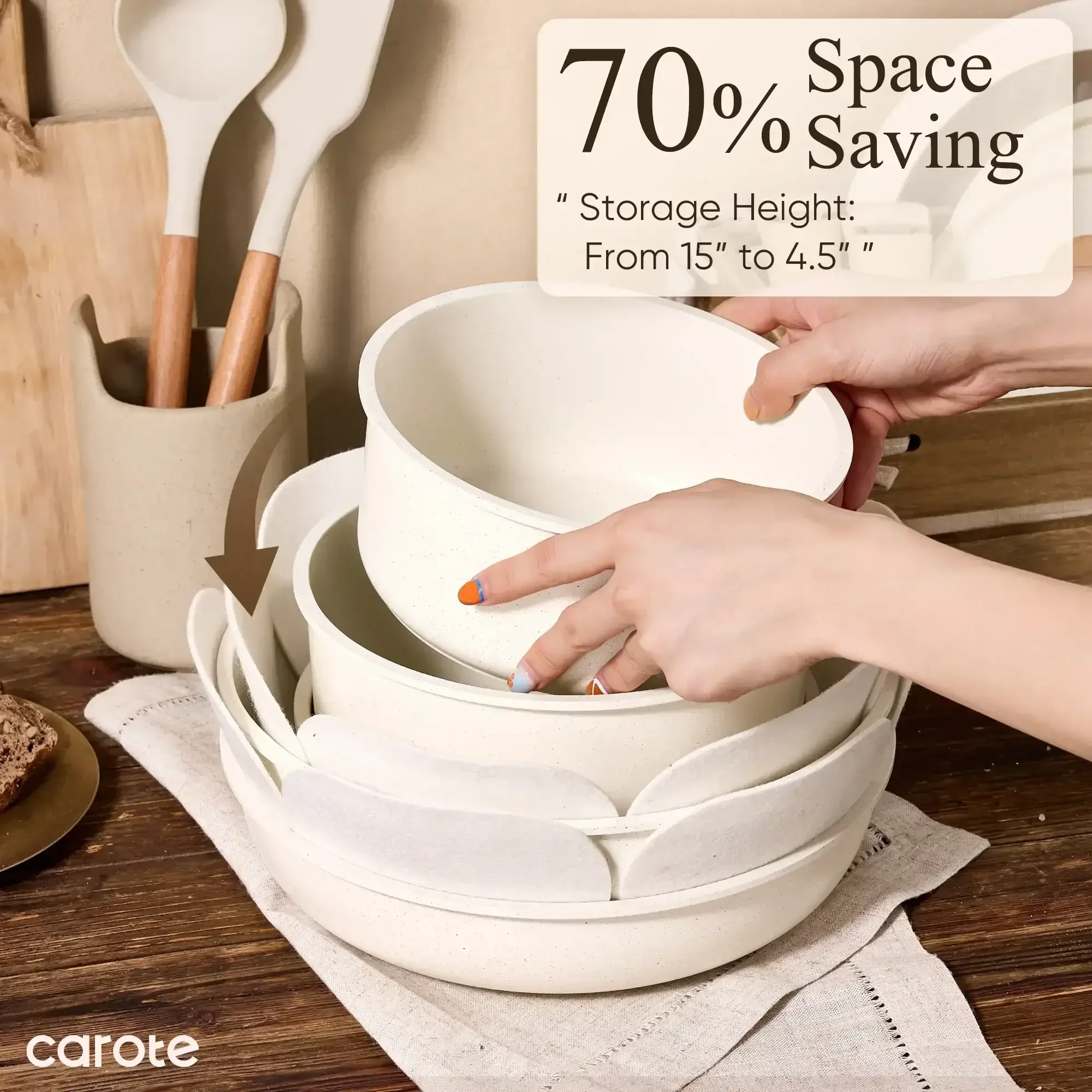 Carote 21 Pcs Nonstick Cookware Set, Pots and Pans Set with Detachable Handles, Oven/Dishwasher Safe, Stackable Kitchen Cooking Set, Granite - Image 13