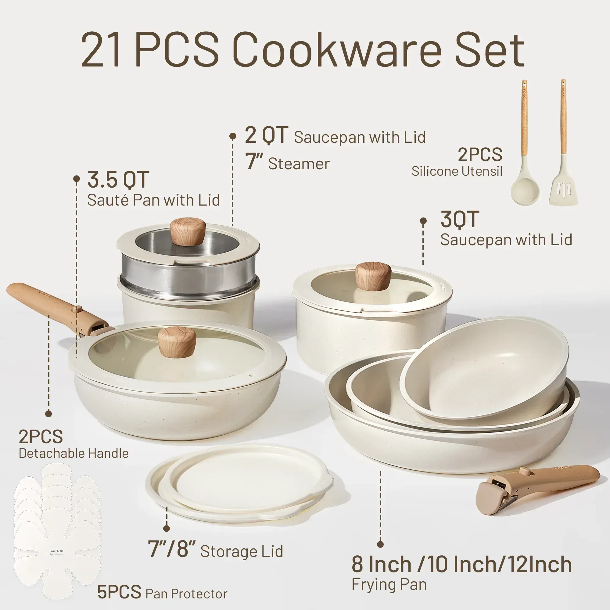 Carote 21 Pcs Nonstick Cookware Set, Pots and Pans Set with Detachable Handles, Oven/Dishwasher Safe, Stackable Kitchen Cooking Set, Granite - Image 9