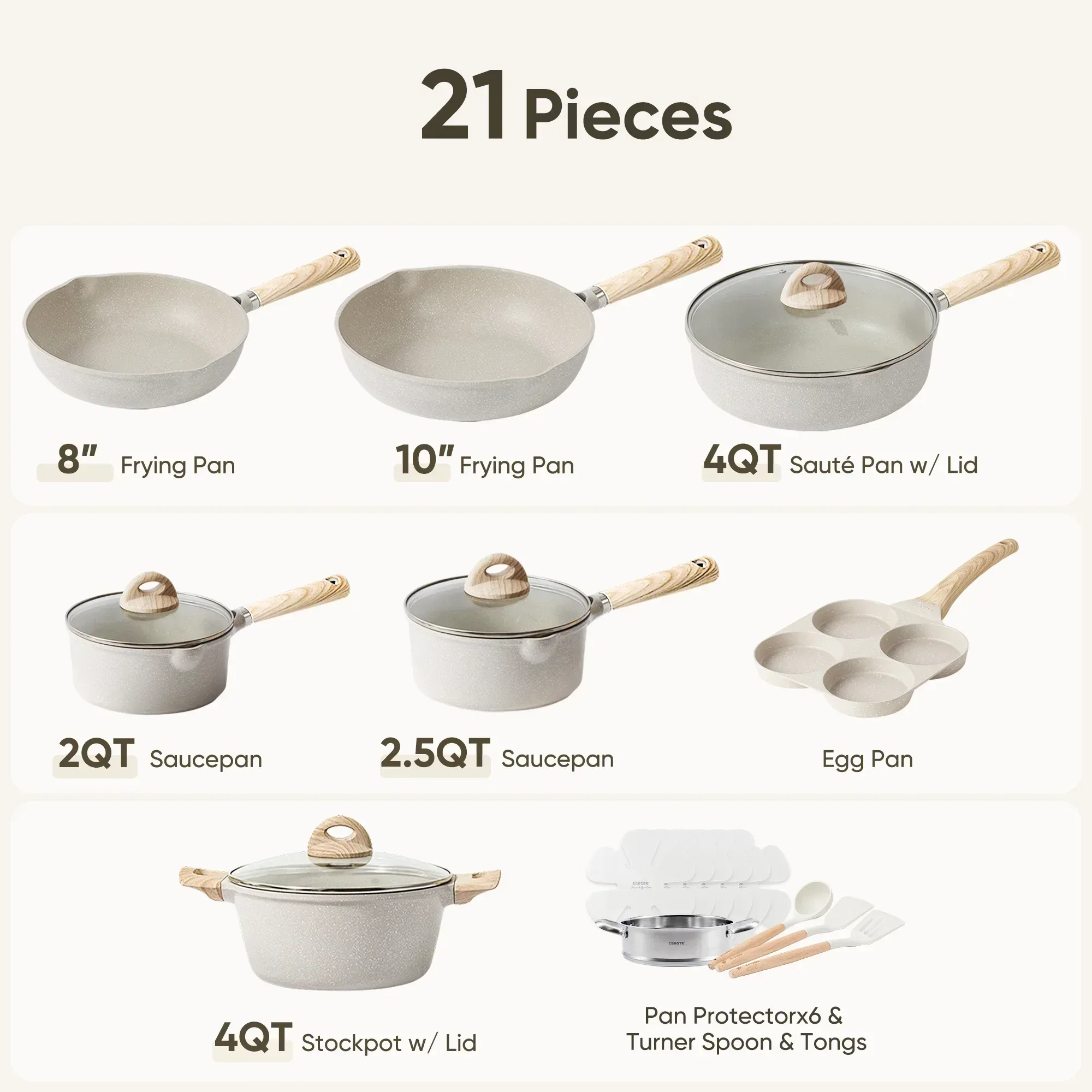 Carote 21pcs Pots and Pans Set Non Stick, Cookware Set Induction Ready, Kitchen Cooking Set, Beige - Image 2