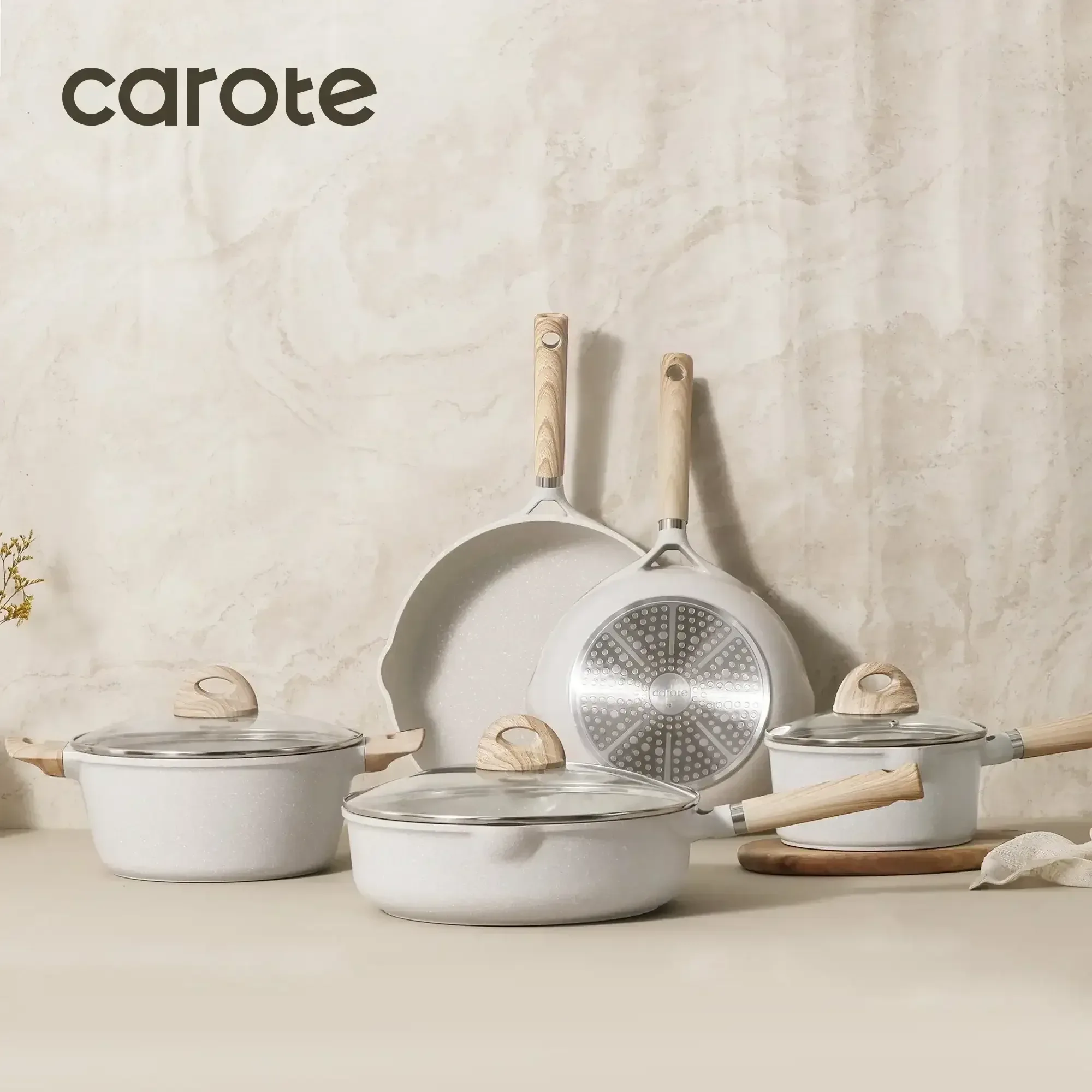 Carote 21pcs Pots and Pans Set Non Stick, Cookware Set Induction Ready, Kitchen Cooking Set, Beige - Image 5