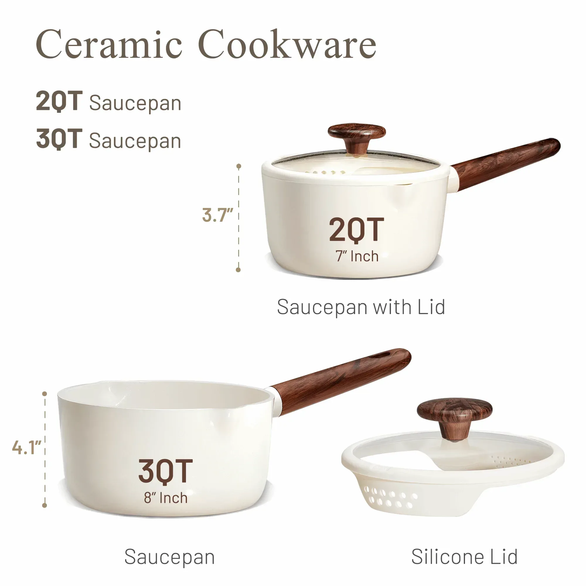 Carote 2QT & 3QT Ceramic Nonstick Saucepan Set with Strainer Lids, Small Cooking Pot, Induction Compatible, White - Image 2