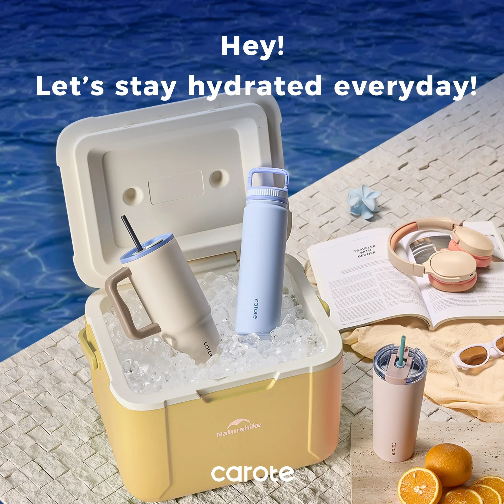 Carote 3pcs Insulated Stainless Steel Water Bottle and Tumbler Set with Straw/Handle, 34oz & 32oz*2, Blue - Image 2