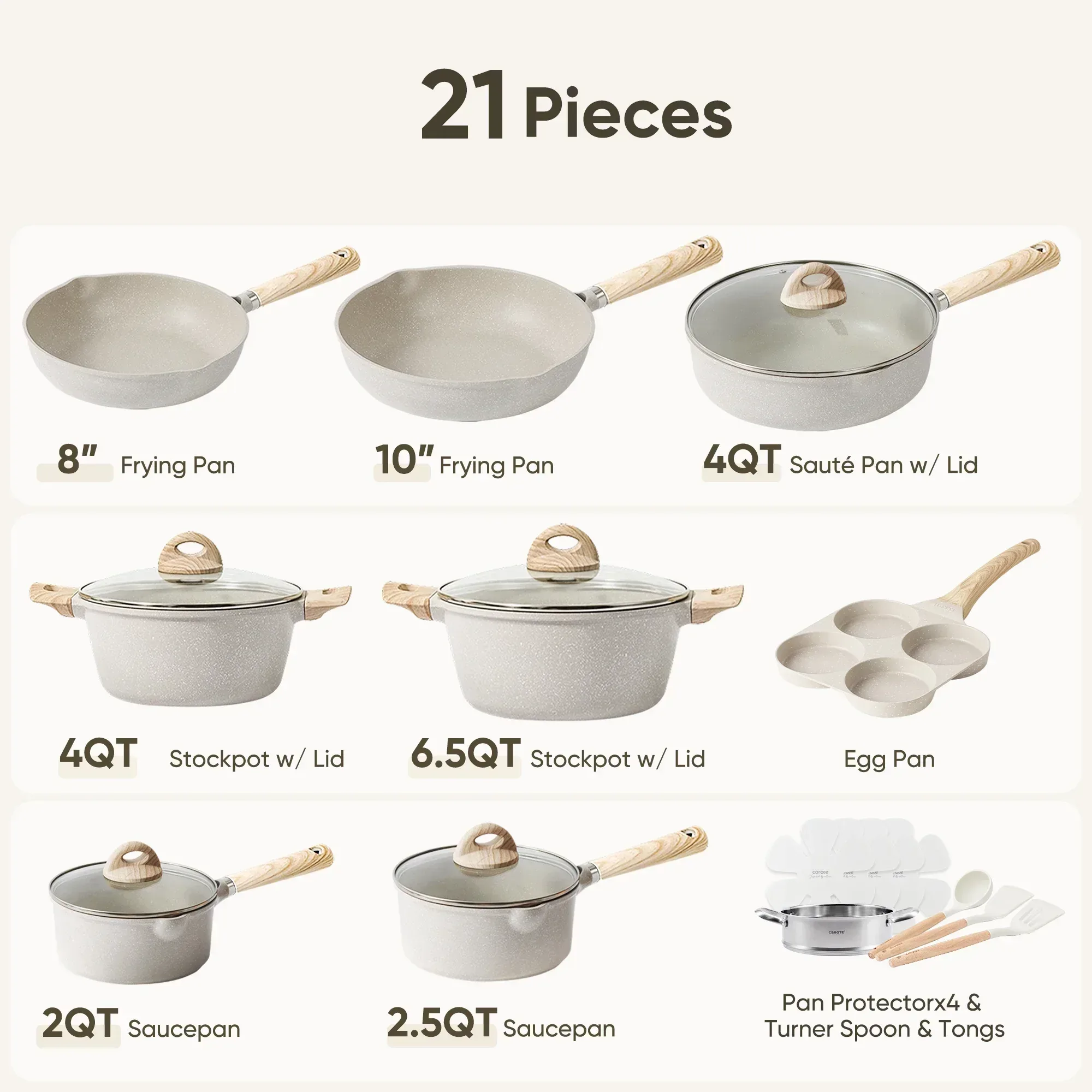 Carote Nonstick Cookware Set 21-Piece,Kitchen Pots and Pans Set,Stay-Cool Handles, Induction Compatible,Cookware Set for RV and Camping,Beige - Image 2