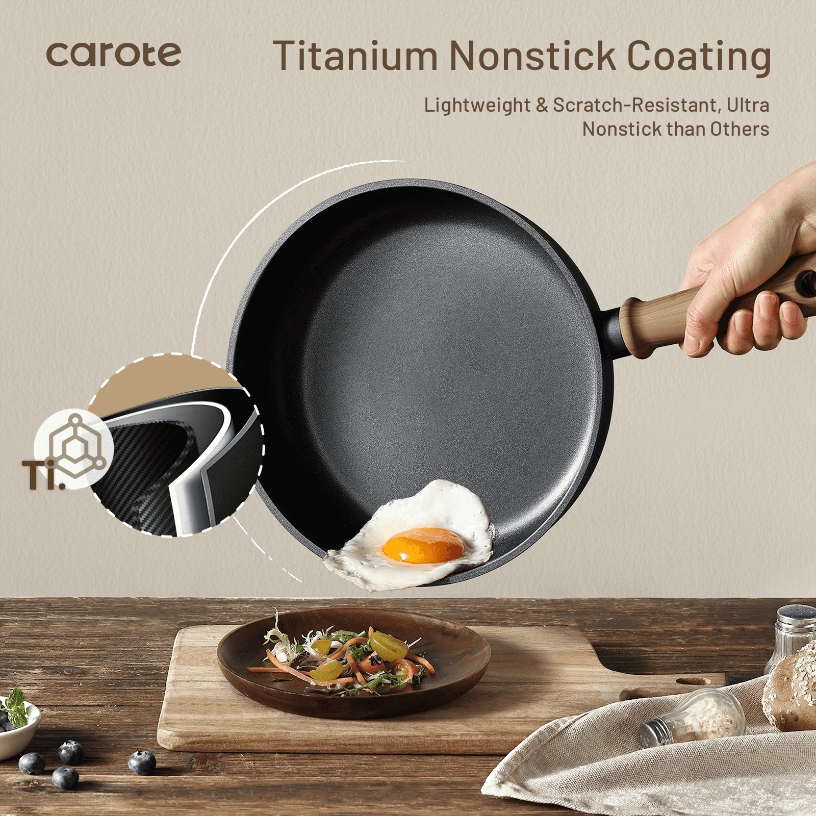 Carote Titanium Nonstick Saute Pan with Lid, 11" Non-Stick Jumbo Cooker Compatible with All Stoves, Dishwasher Safe, 5QT, Black - Image 4