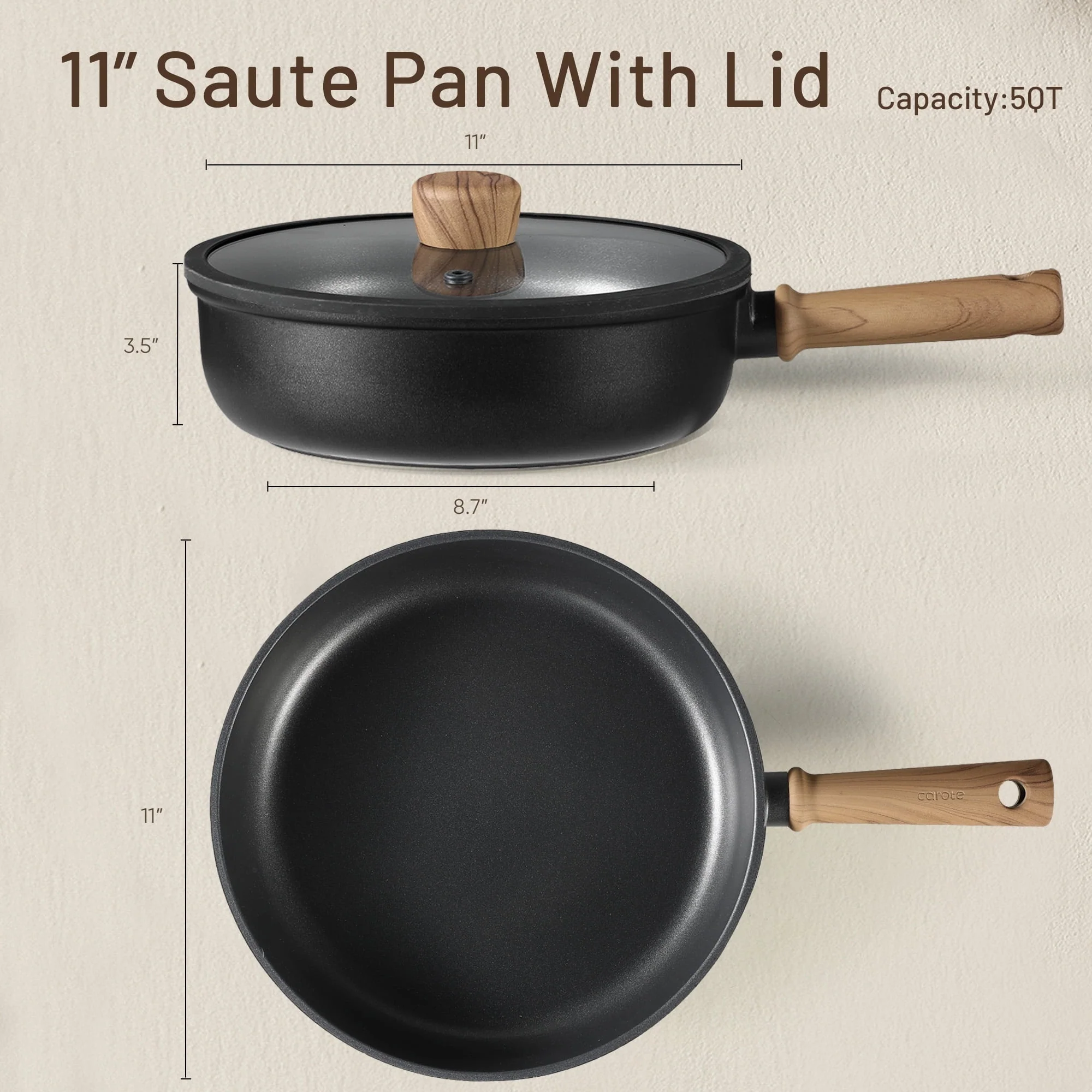 Carote Titanium Nonstick Saute Pan with Lid, 11" Non-Stick Jumbo Cooker Compatible with All Stoves, Dishwasher Safe, 5QT, Black - Image 7
