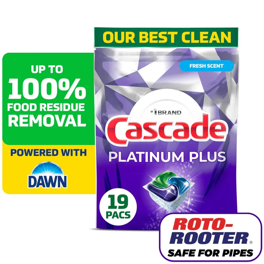 Cascade Platinum Plus Dishwasher Pods, Dishwasher Detergent, Dish Detergent Soap, Fresh, 19 Count