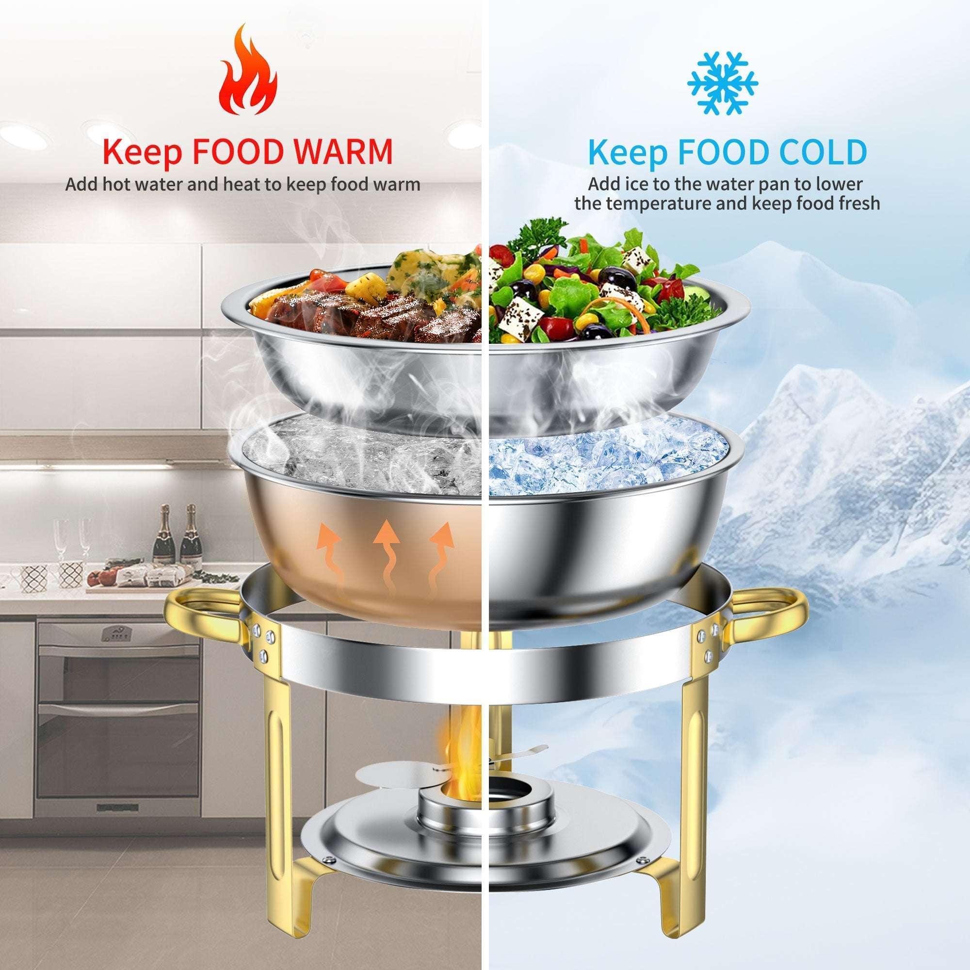 Chafing Dish Buffet Set 2 Pack: TINANA 5QT Stainless Steel Chafing Dishes with Glass Lid & Lid Holder, Round Food Warmers for Parties, Events, Wedding-Gold - Image 3