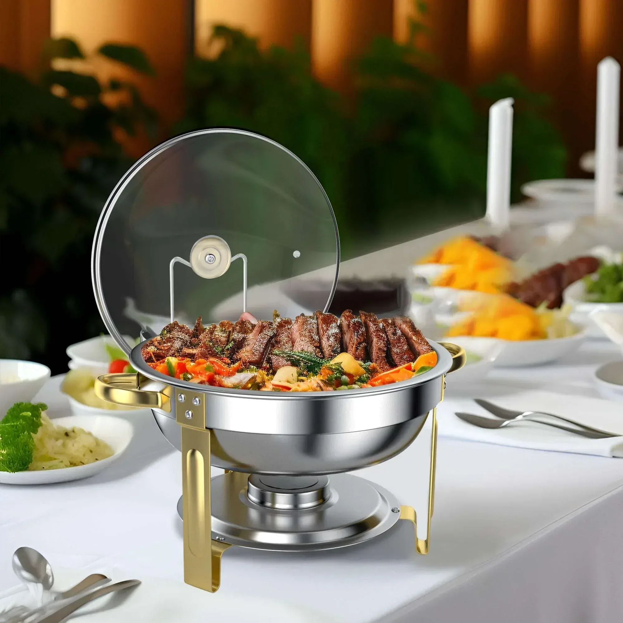 Chafing Dish Buffet Set 2 Pack: TINANA 5QT Stainless Steel Chafing Dishes with Glass Lid & Lid Holder, Round Food Warmers for Parties, Events, Wedding-Gold - Image 4