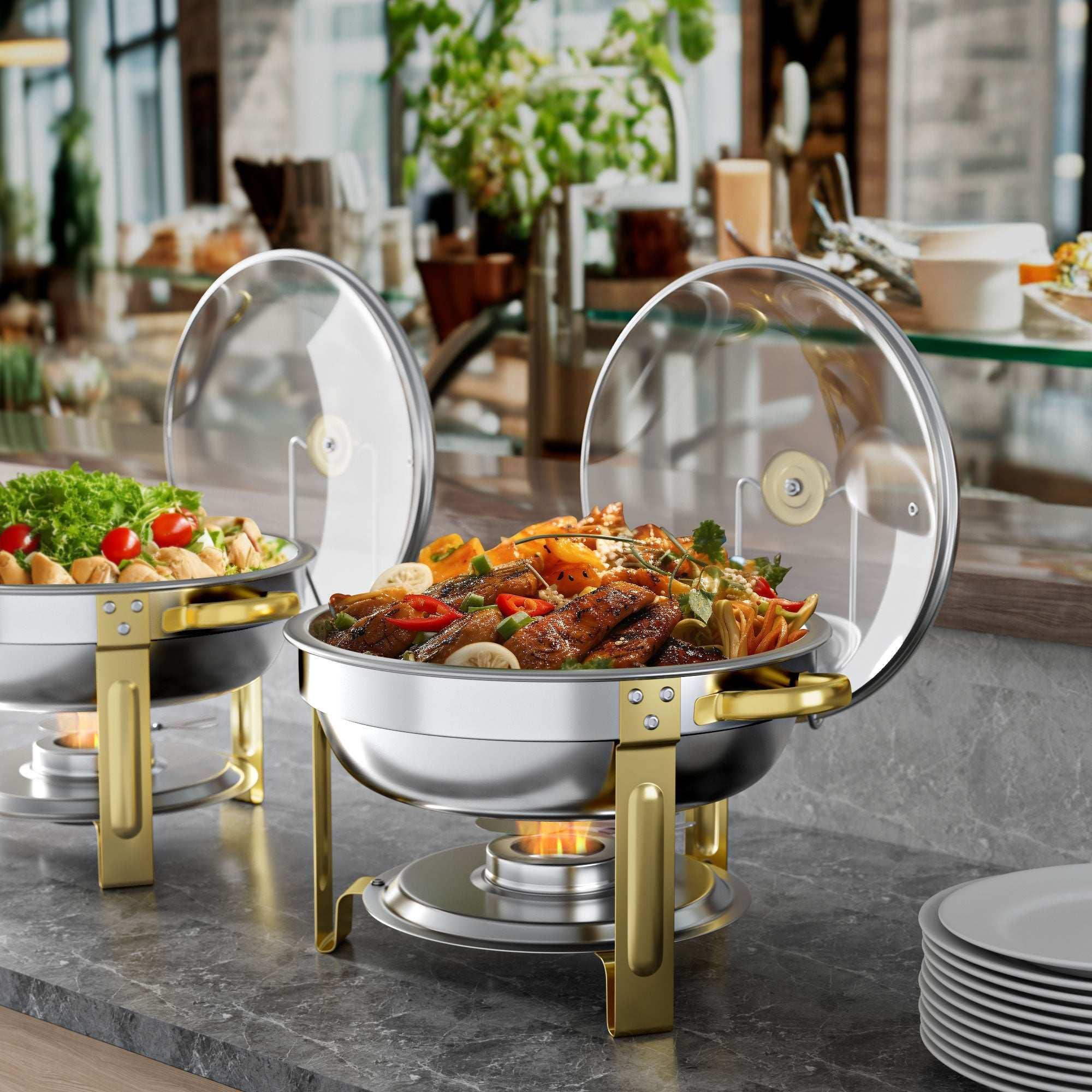 Chafing Dish Buffet Set 2 Pack: TINANA 5QT Stainless Steel Chafing Dishes with Glass Lid & Lid Holder, Round Food Warmers for Parties, Events, Wedding-Gold - Image 5