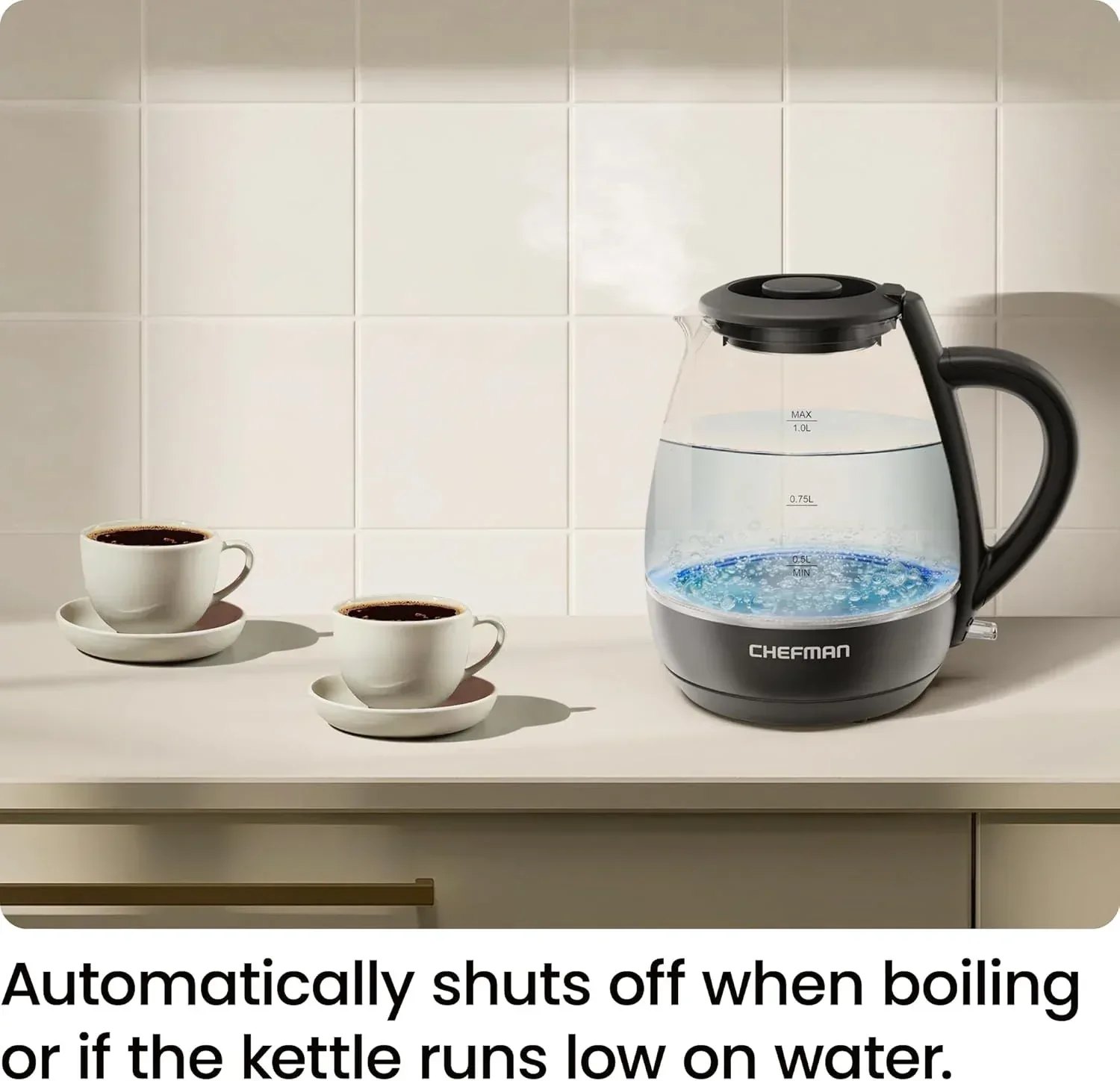 Chefman 1L Electric Glass Kettle w/ LED Indicator Light, Automatic Shutoff - Black - Image 5
