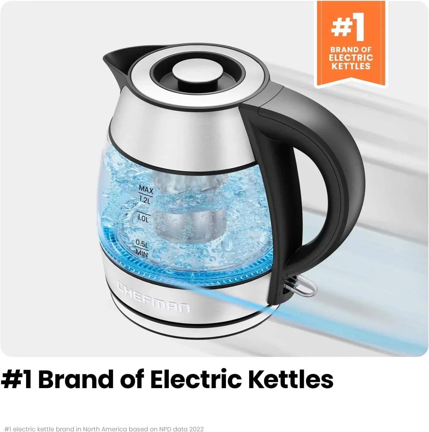 Chefman Rapid Boil 1.2L Electric Tea Kettle with Removable Lid - Stainless Steel - Image 4