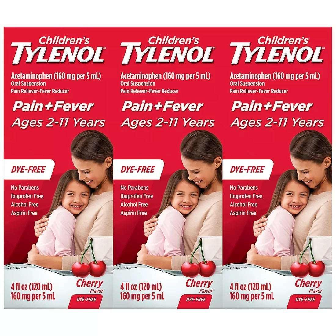Children's Tylenol Pain + Fever Dye-Free Medicine, Cherry Flavor, 3 x 4 fl oz