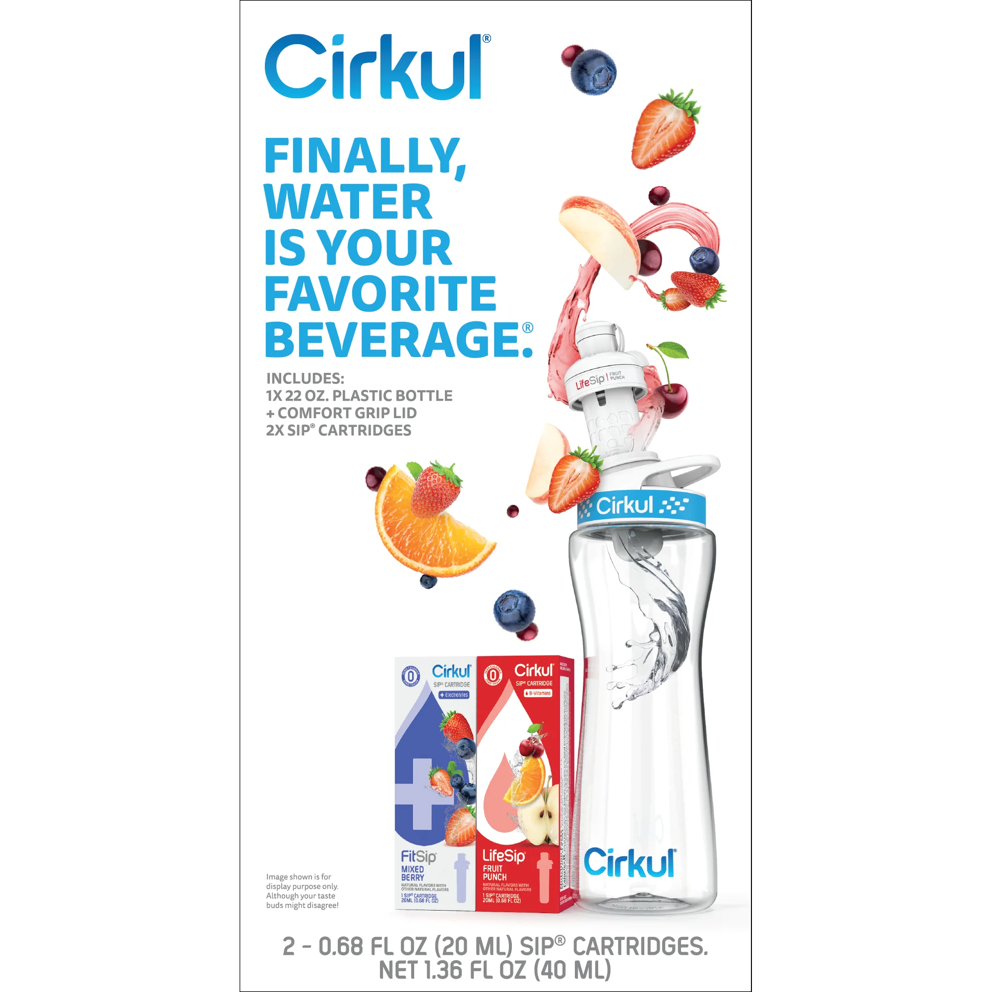 Cirkul 22 oz Plastic Water Bottle Starter Kit with Blue Lid and 2 Flavor Cartridges (Fruit Punch & Mixed Berry) - Image 7