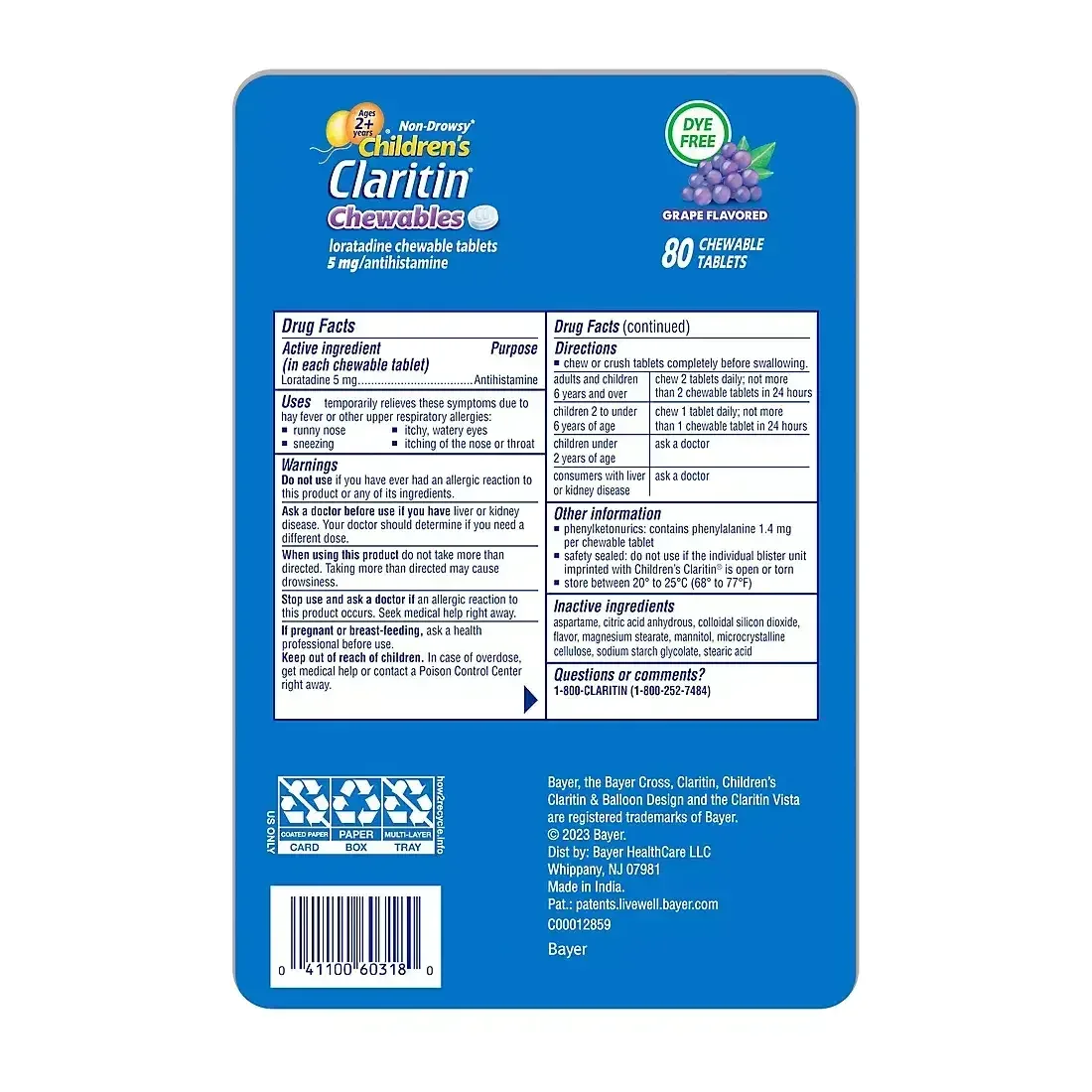 Claritin Children's 24 Hour Chewables, Grape Flavor, 5mg Tablets, 80 ct. - Image 2