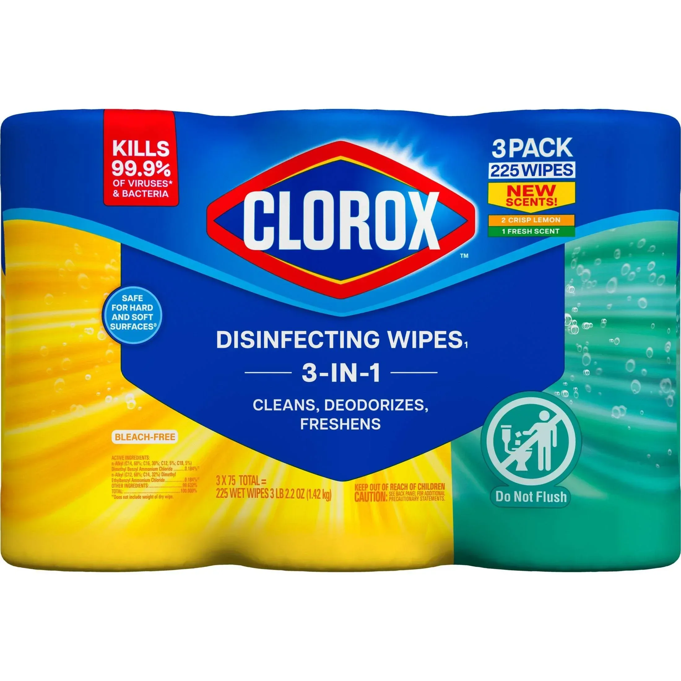 Clorox Disinfecting and Cleaning Wipes, Crisp Lemon and Fresh Scent, 75 Count Each, 3 Pack - Image 6
