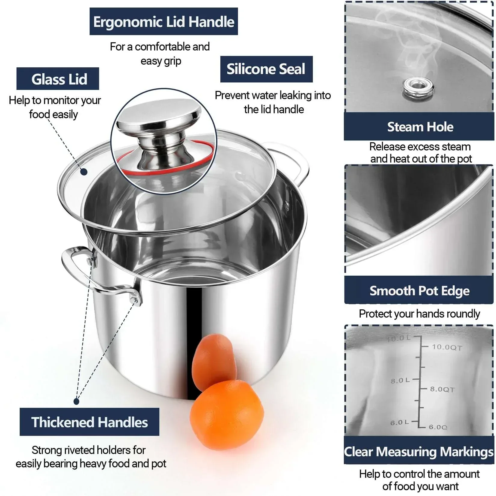Coliware 12QT Stainless Steel Stock Pot with Glass Lid, 18/10 Food-Grade Material, 3-Ply Bottom, Induction Compatible, Dishwasher Safe - Image 3
