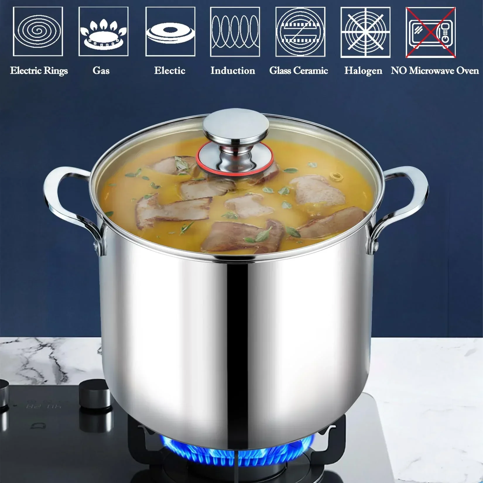 Coliware 12QT Stainless Steel Stock Pot with Glass Lid, 18/10 Food-Grade Material, 3-Ply Bottom, Induction Compatible, Dishwasher Safe - Image 5