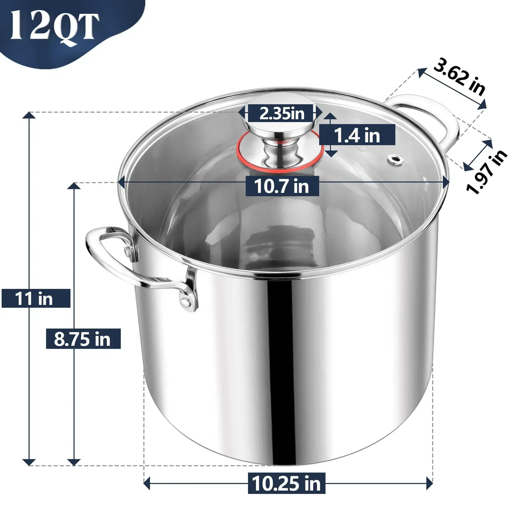 Coliware 12QT Stainless Steel Stock Pot with Glass Lid, 18/10 Food-Grade Material, 3-Ply Bottom, Induction Compatible, Dishwasher Safe - Image 6
