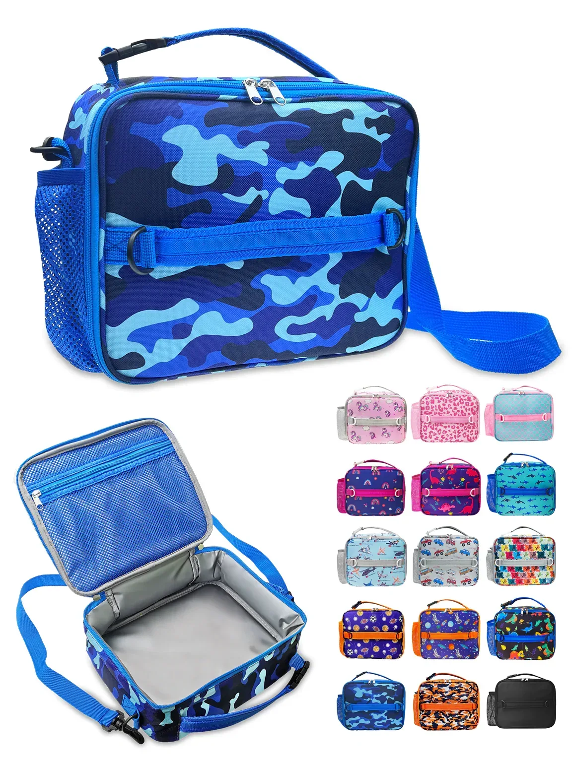 ComfiTime Lunch Bag for Kids – Insulated Lunch Box for Girls and Boys, Cute Reusable Cooler Bag with Zipper Pockets, Bottle Holder, Padded Handles and Shoulder Strap (Blue Camouflage) - Image 2