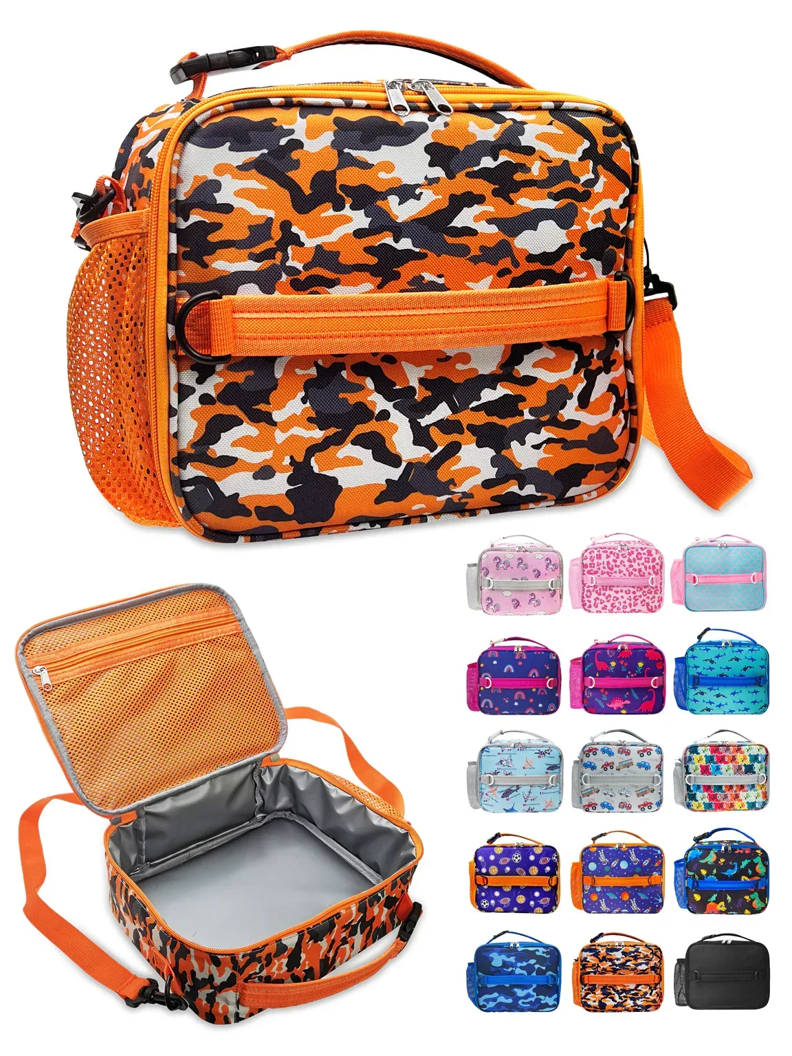ComfiTime Lunch Bag for Kids – Insulated Lunch Box for Girls and Boys, Cute Reusable Cooler Bag with Zipper Pockets, Bottle Holder, Padded Handles and Shoulder Strap (Blue Camouflage) - Image 3
