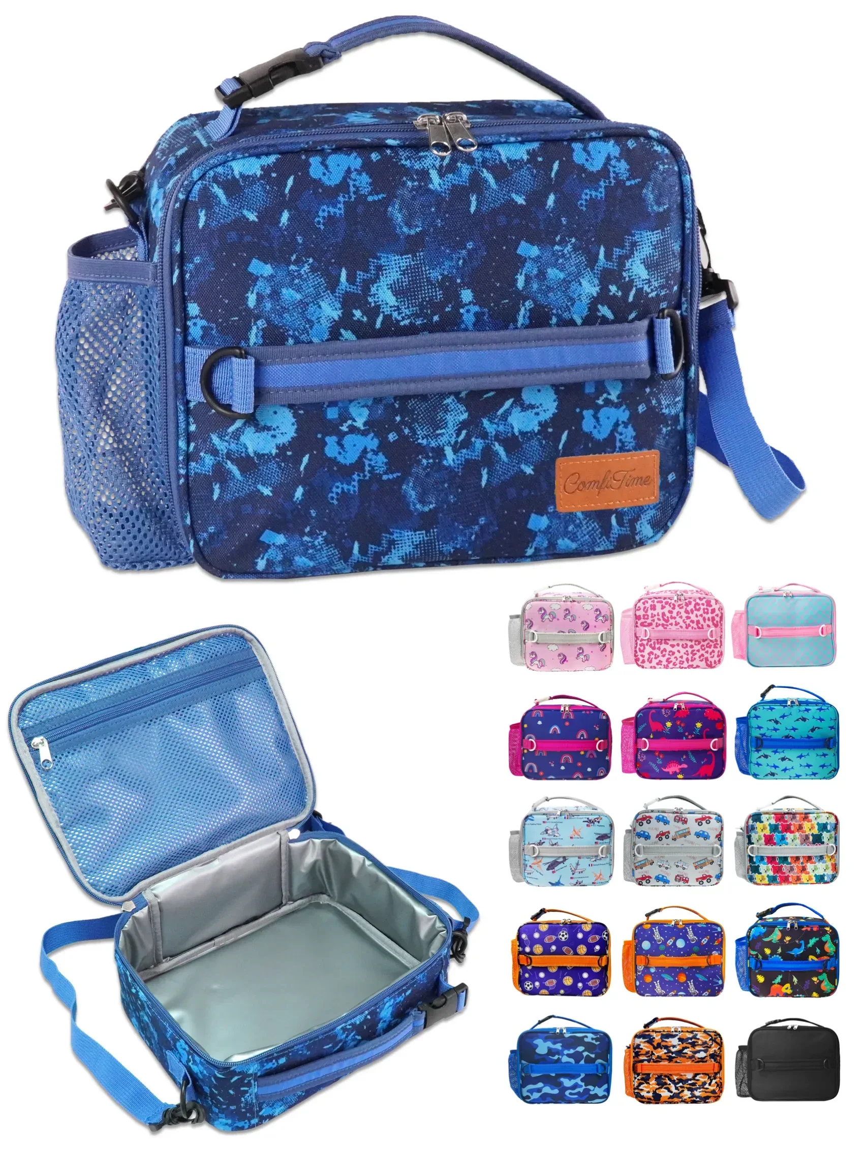 ComfiTime Lunch Bag for Kids – Insulated Lunch Box for Girls and Boys, Cute Reusable Cooler Bag with Zipper Pockets, Bottle Holder, Padded Handles and Shoulder Strap (Blue Camouflage) - Image 33