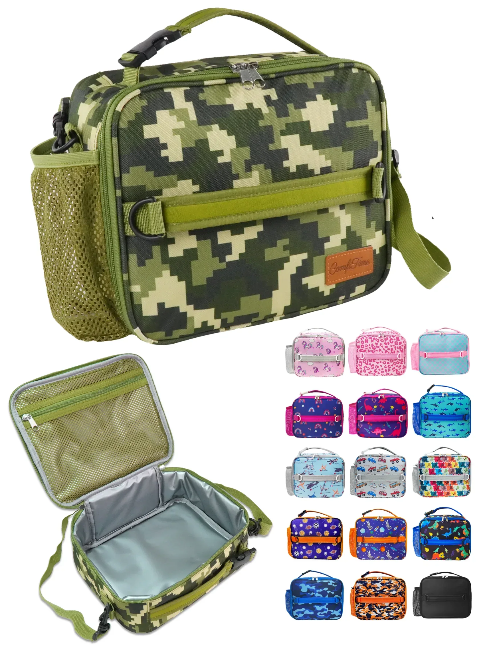 ComfiTime Lunch Bag for Kids – Insulated Lunch Box for Girls and Boys, Cute Reusable Cooler Bag with Zipper Pockets, Bottle Holder, Padded Handles and Shoulder Strap (Blue Camouflage) - Image 4