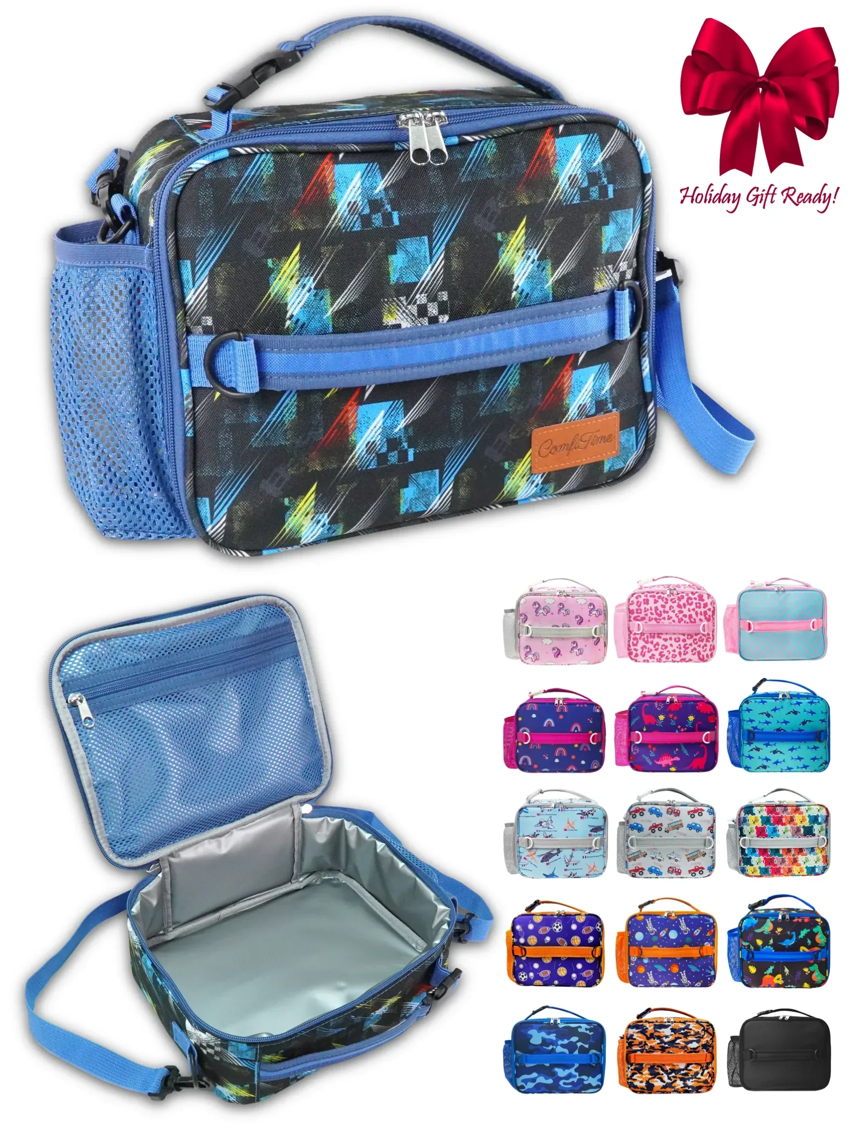 ComfiTime Lunch Bag for Kids – Insulated Lunch Box for Girls and Boys, Cute Reusable Cooler Bag with Zipper Pockets, Bottle Holder, Padded Handles and Shoulder Strap (Blue Camouflage) - Image 5