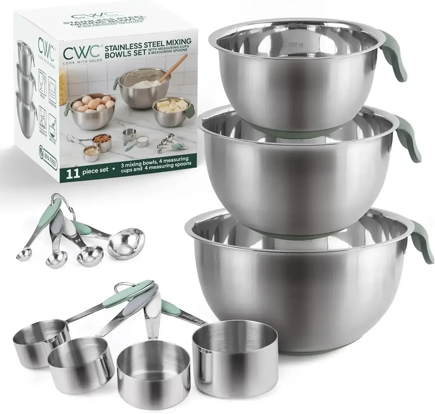 COOK WITH COLOR Stainless Steel Mixing Bowls Set and Measuring Cups- Nesting Bowls with Non-Slip Bottom and Easy-Grip Handles, 11 Pieces - Image 15