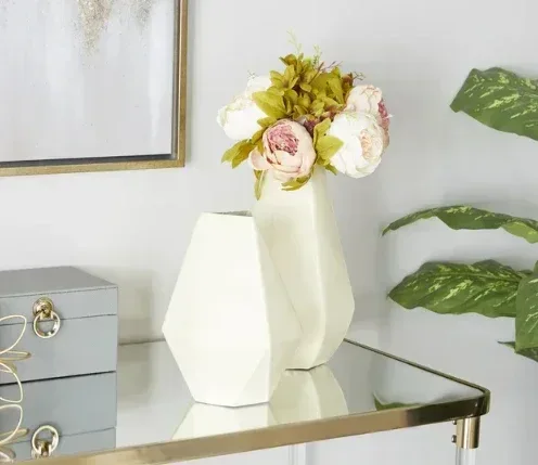 CosmoLiving by Cosmopolitan 12", 10"H Geometric Cream Metal Vase, Set of 2 - Image 2