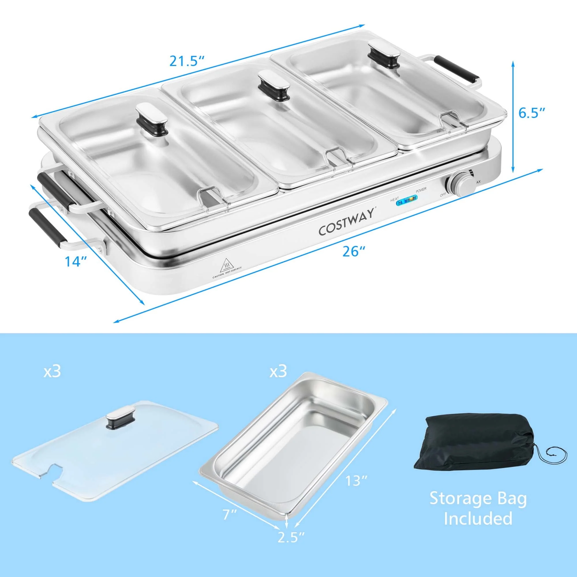 Costway Electric Buffet Server Food Warmer with 3 Removable Trays Adjustable Tempered - Image 14
