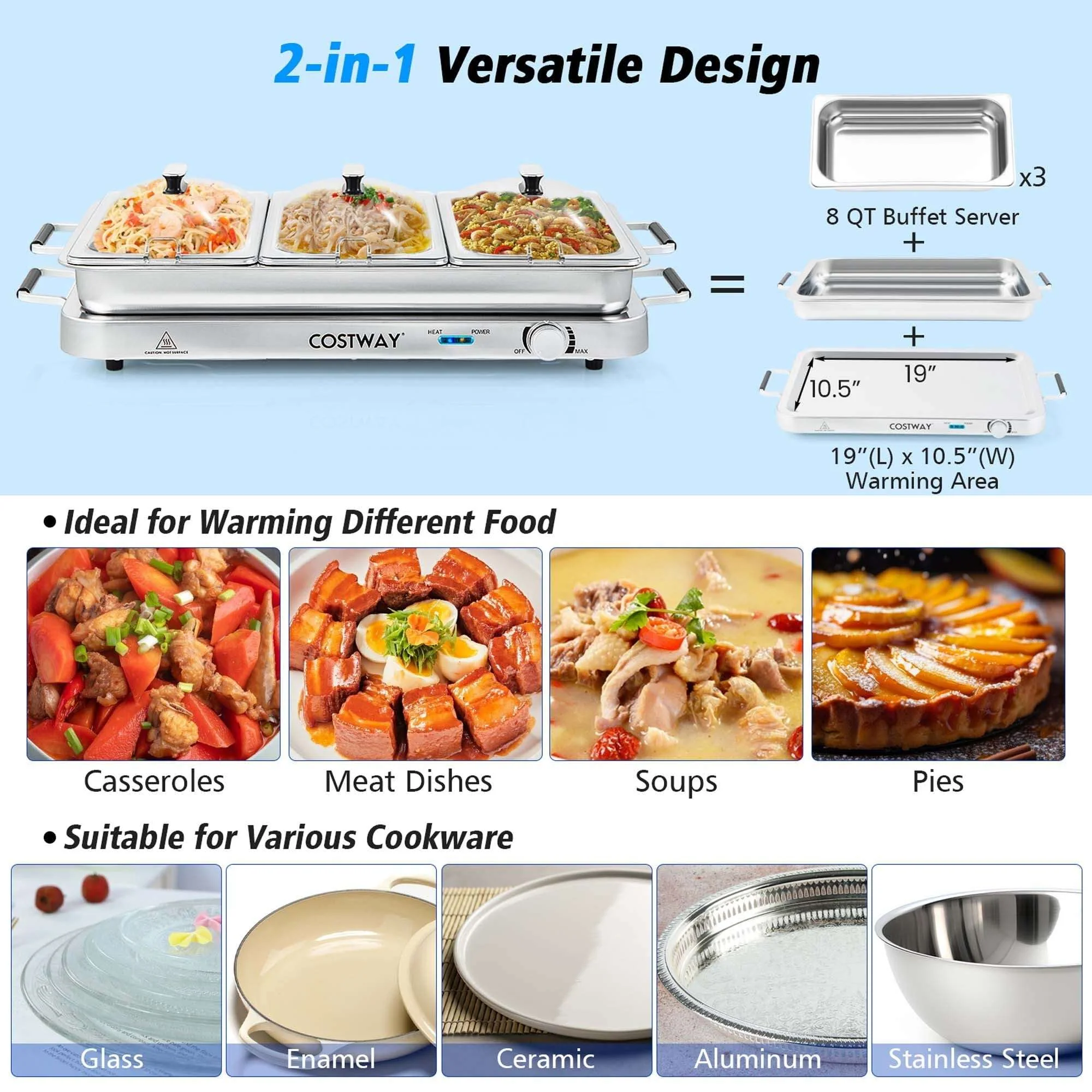 Costway Electric Buffet Server Food Warmer with 3 Removable Trays Adjustable Tempered - Image 16