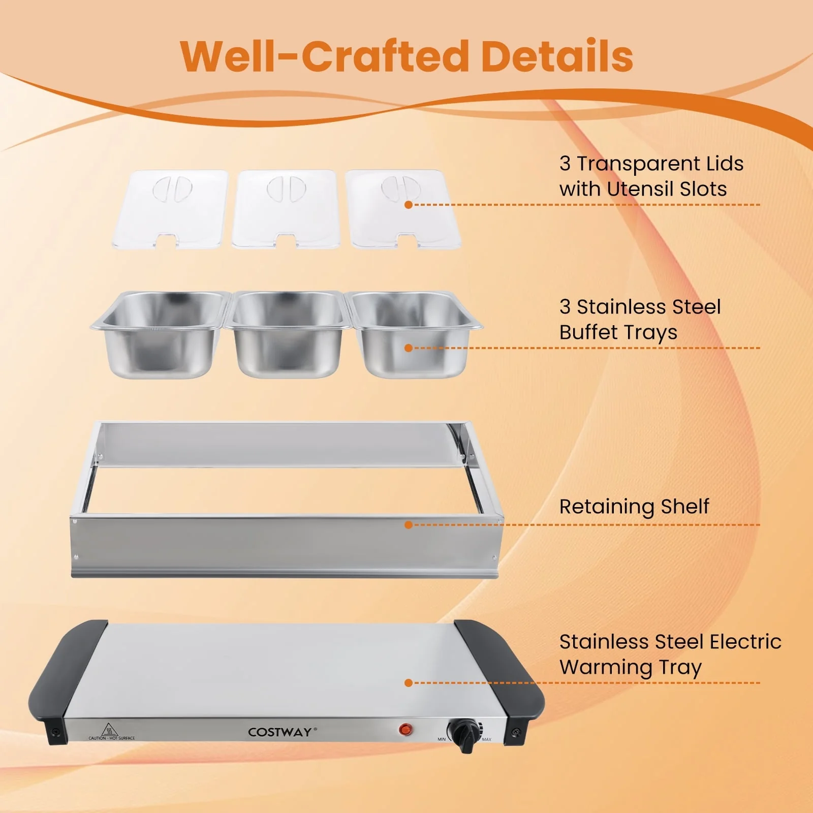 Costway Electric Buffet Server Food Warmer with 3 Removable Trays Adjustable Tempered - Image 5