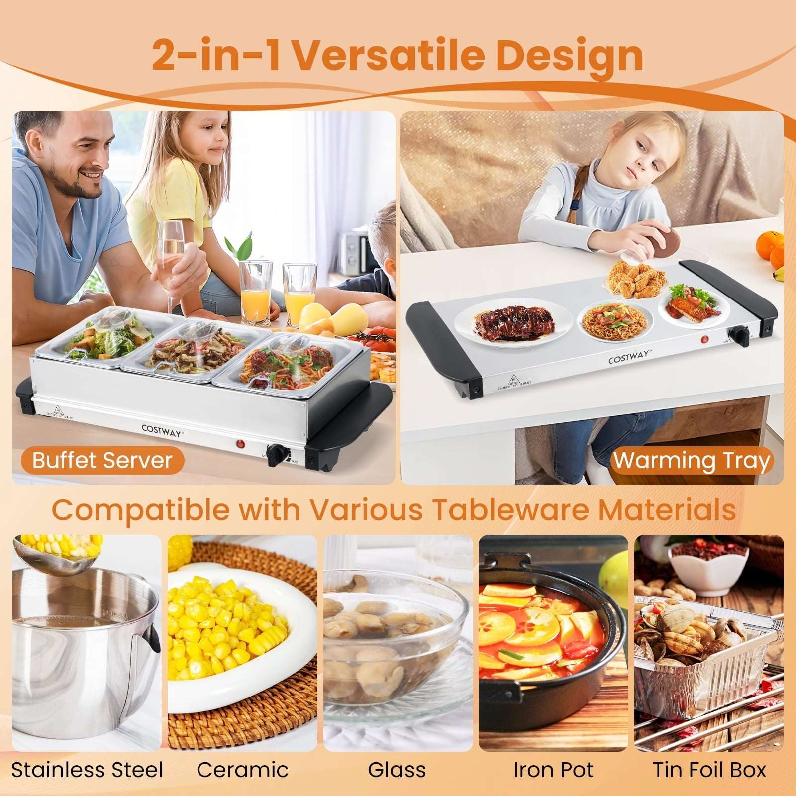 Costway Electric Buffet Server Food Warmer with 3 Removable Trays Adjustable Tempered - Image 7