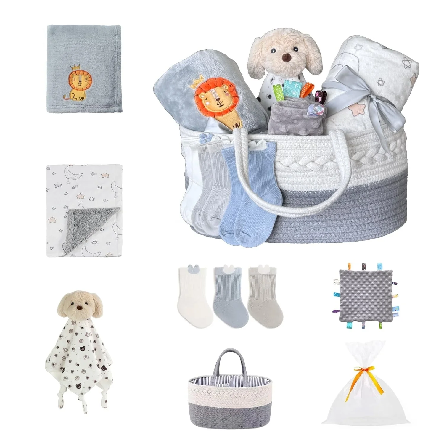 CREVENT Baby Gift Set Storage Basket with 2 Baby Blanket,1 Security Blanket,1 Taggie,1 Gift Bag with Ribbon, Blue, Unisex, 5Items - Image 27