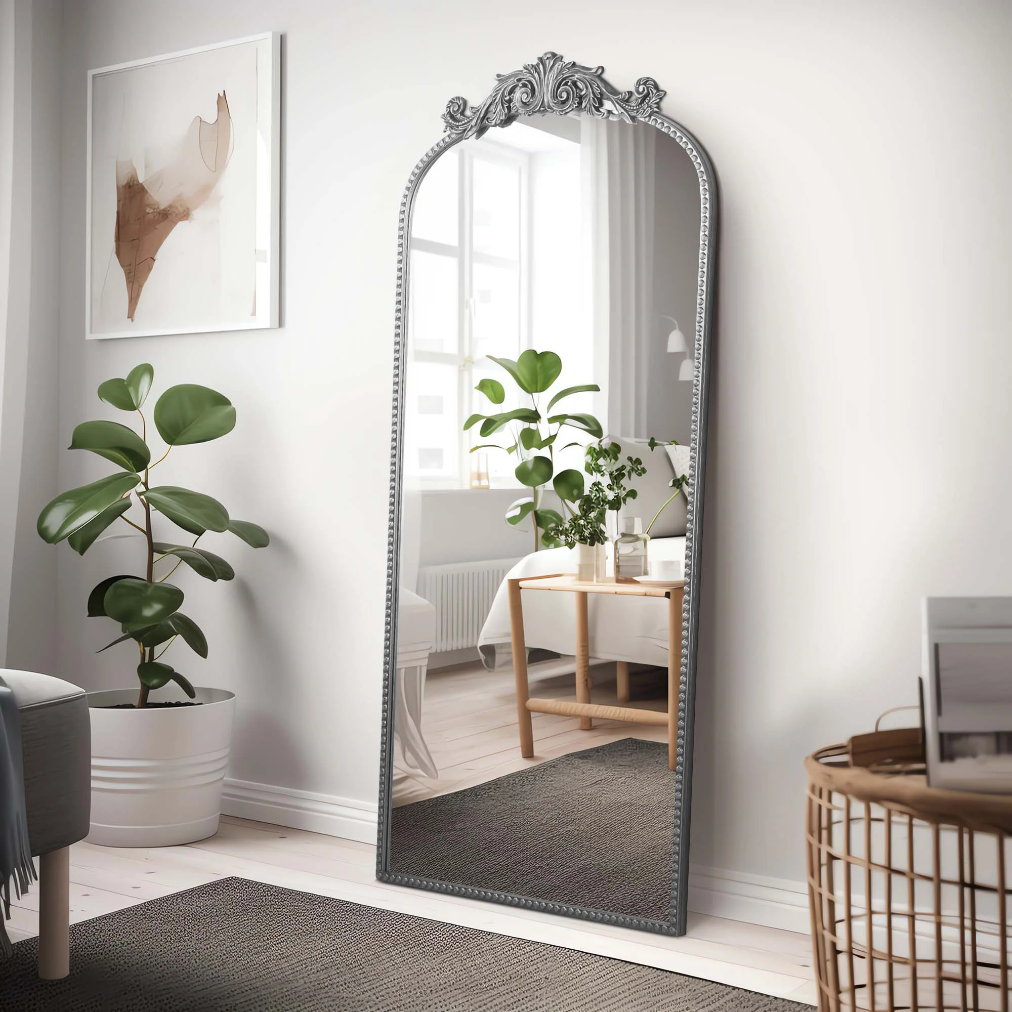 Crystal Art Gallery 22" x 64" Black Filigree Arch Metal Full Length Floor Leaner Mirror - Image 11