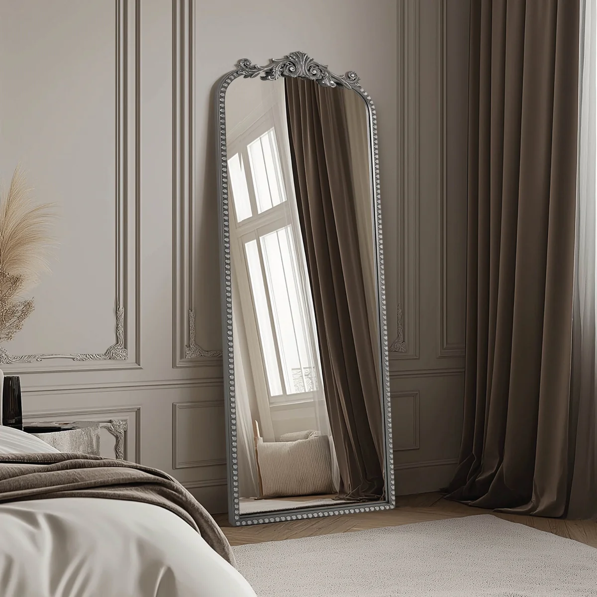 Crystal Art Gallery 22" x 64" Black Filigree Arch Metal Full Length Floor Leaner Mirror - Image 2
