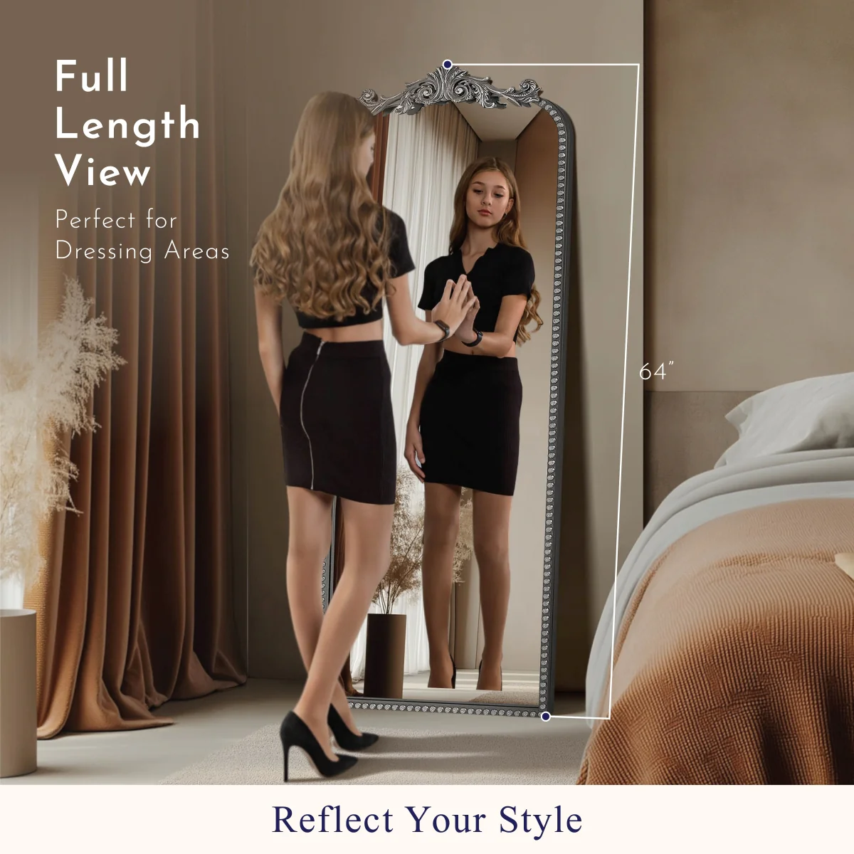 Crystal Art Gallery 22" x 64" Black Filigree Arch Metal Full Length Floor Leaner Mirror - Image 3