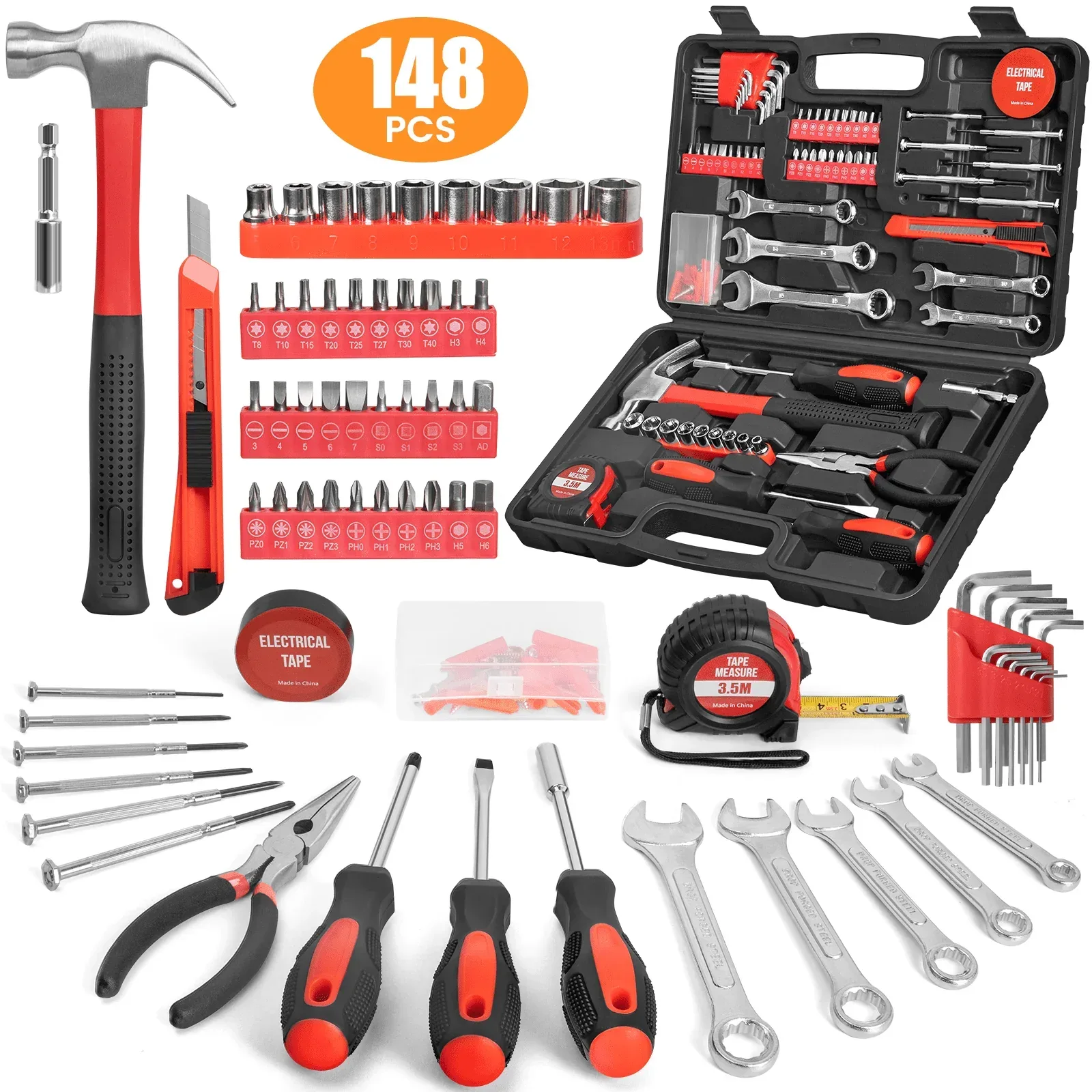 Cshidworld 148 Piece Tool Sets All Purpose Household Tool Kit, General Basic Home Repair Tool Set with Toolbox for Men Women, Household Hand Kit for Home Garage Office College Dormitory Use, Red