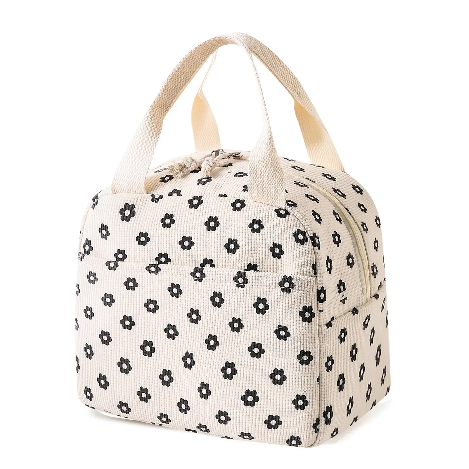 Cute Corduroy Lunch Bag for Women Men, Insulated Lunch Box Tote Bag Reusable Leakproof Bento Cooler Bag for Work Picnic Travel (Black Floral Beige)
