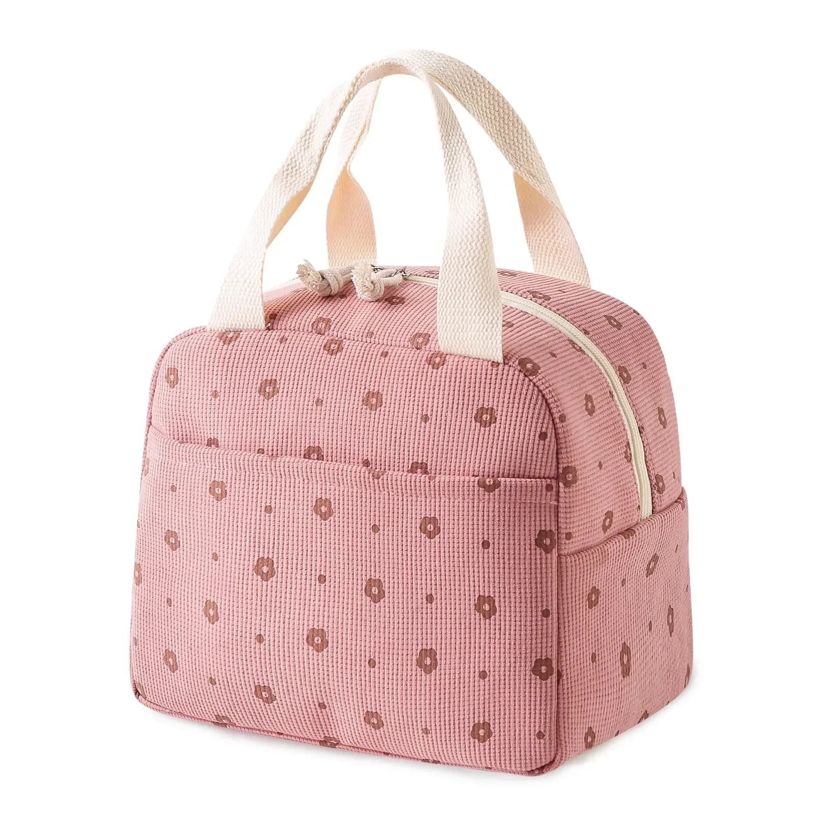 Cute Corduroy Lunch Bag for Women Men, Insulated Lunch Box Tote Bag Reusable Leakproof Bento Cooler Bag for Work Picnic Travel (Black Floral Beige) - Image 10