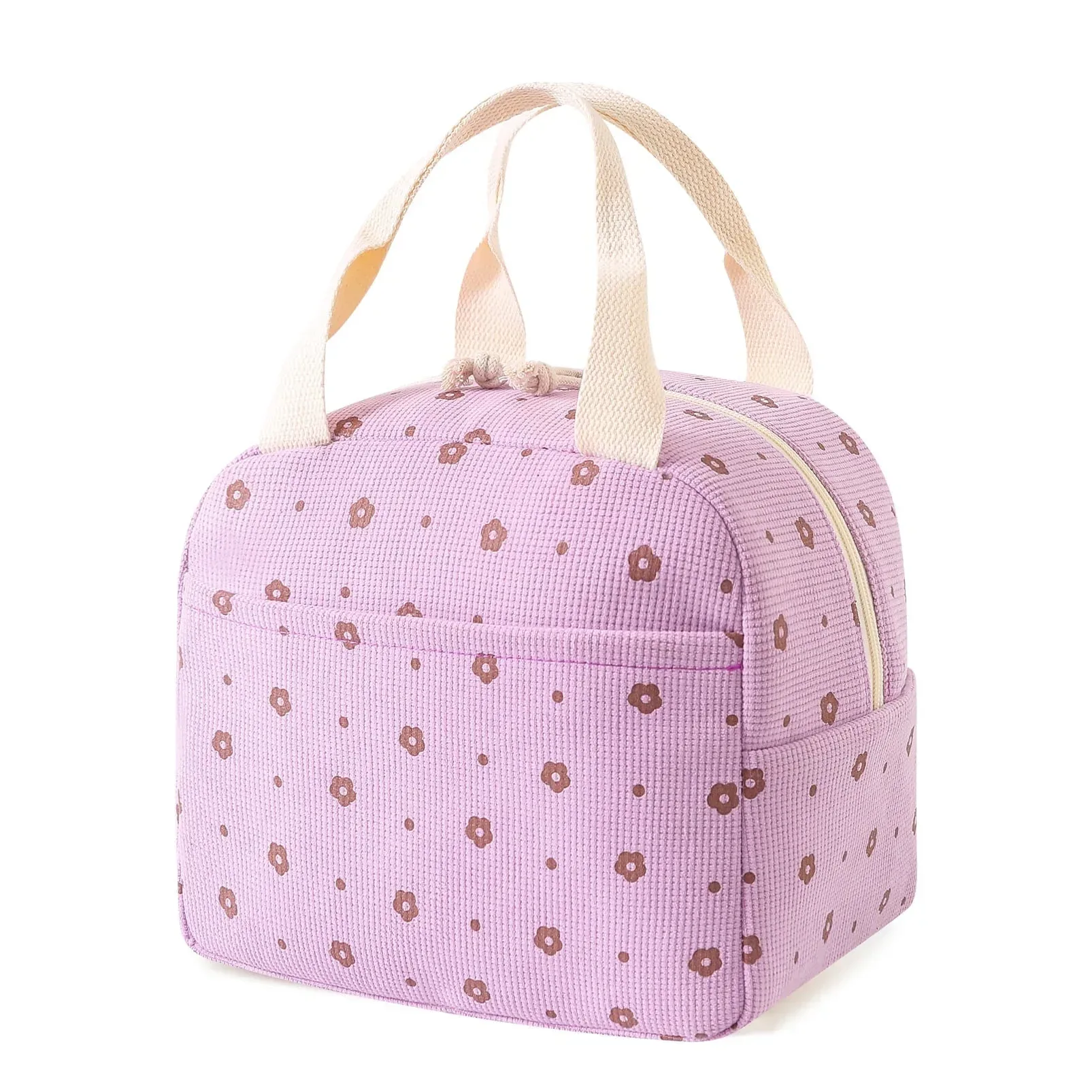 Cute Corduroy Lunch Bag for Women Men, Insulated Lunch Box Tote Bag Reusable Leakproof Bento Cooler Bag for Work Picnic Travel (Black Floral Beige) - Image 11