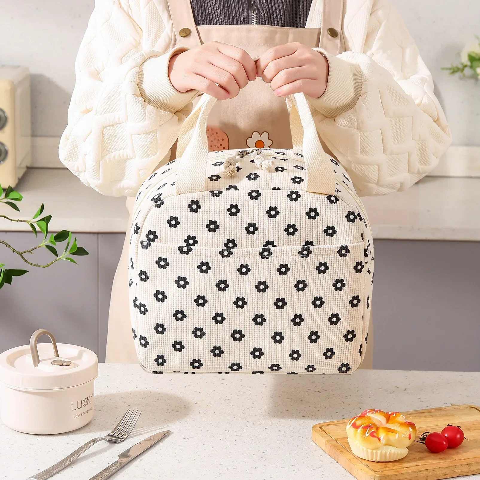 Cute Corduroy Lunch Bag for Women Men, Insulated Lunch Box Tote Bag Reusable Leakproof Bento Cooler Bag for Work Picnic Travel (Black Floral Beige) - Image 3