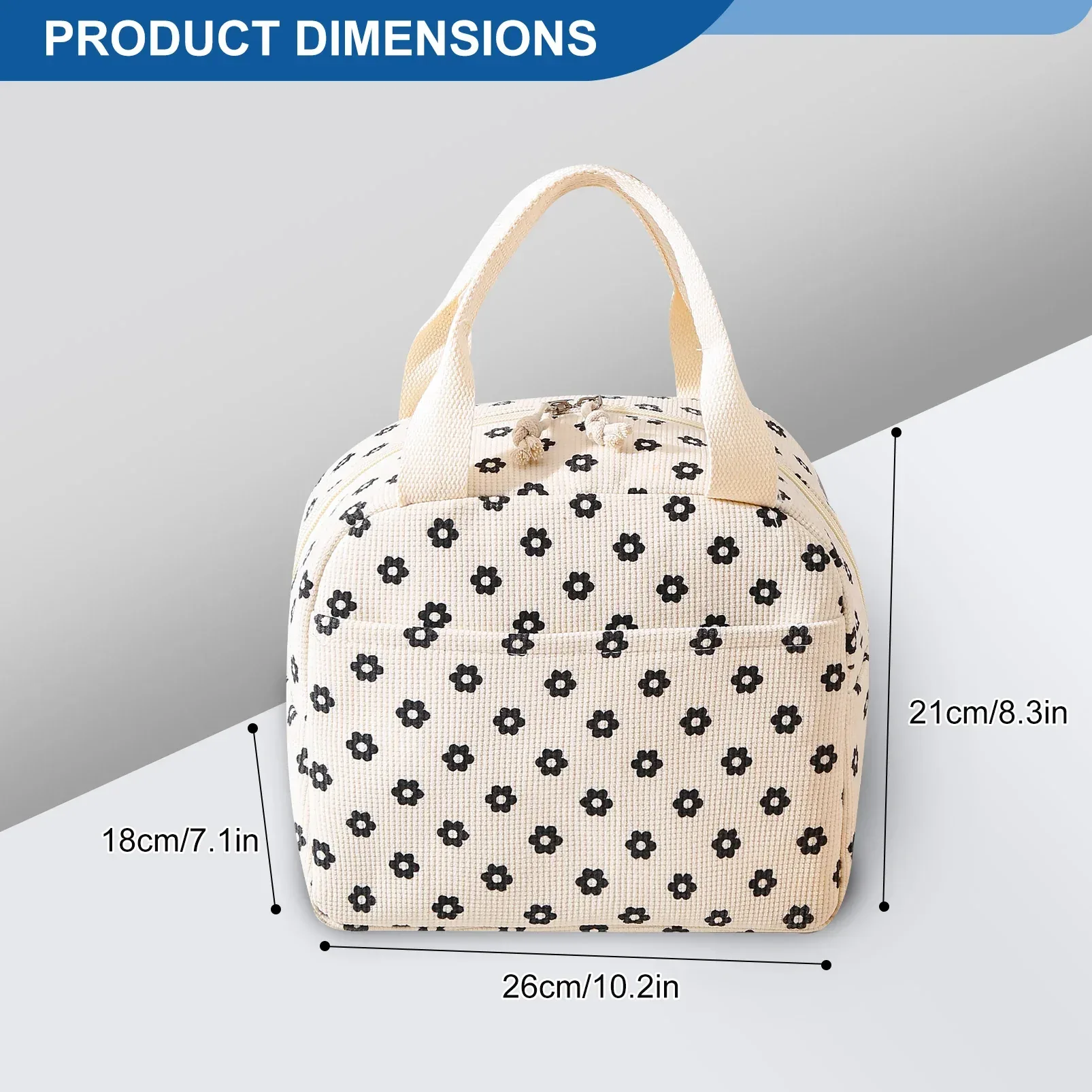 Cute Corduroy Lunch Bag for Women Men, Insulated Lunch Box Tote Bag Reusable Leakproof Bento Cooler Bag for Work Picnic Travel (Black Floral Beige) - Image 4