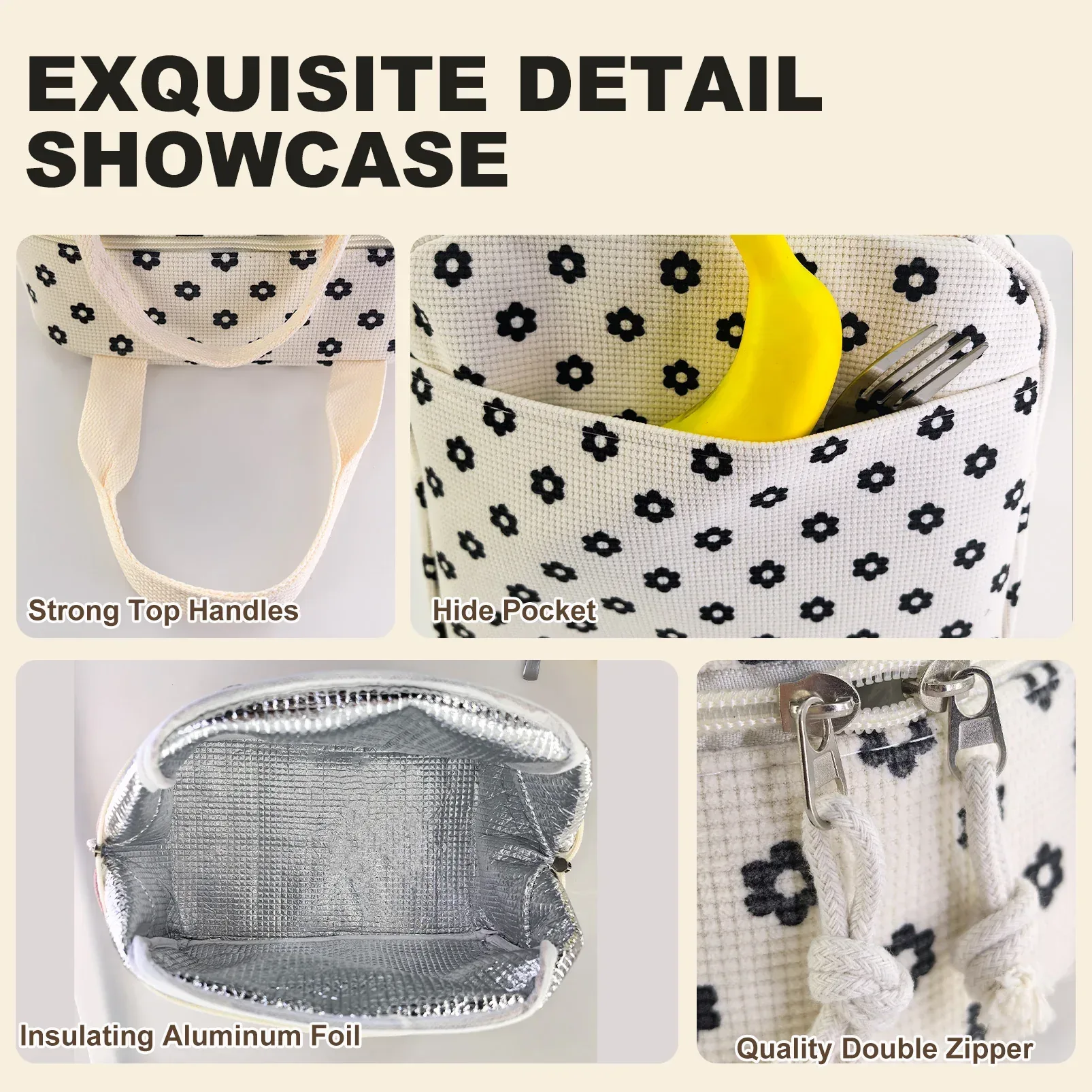 Cute Corduroy Lunch Bag for Women Men, Insulated Lunch Box Tote Bag Reusable Leakproof Bento Cooler Bag for Work Picnic Travel (Black Floral Beige) - Image 6