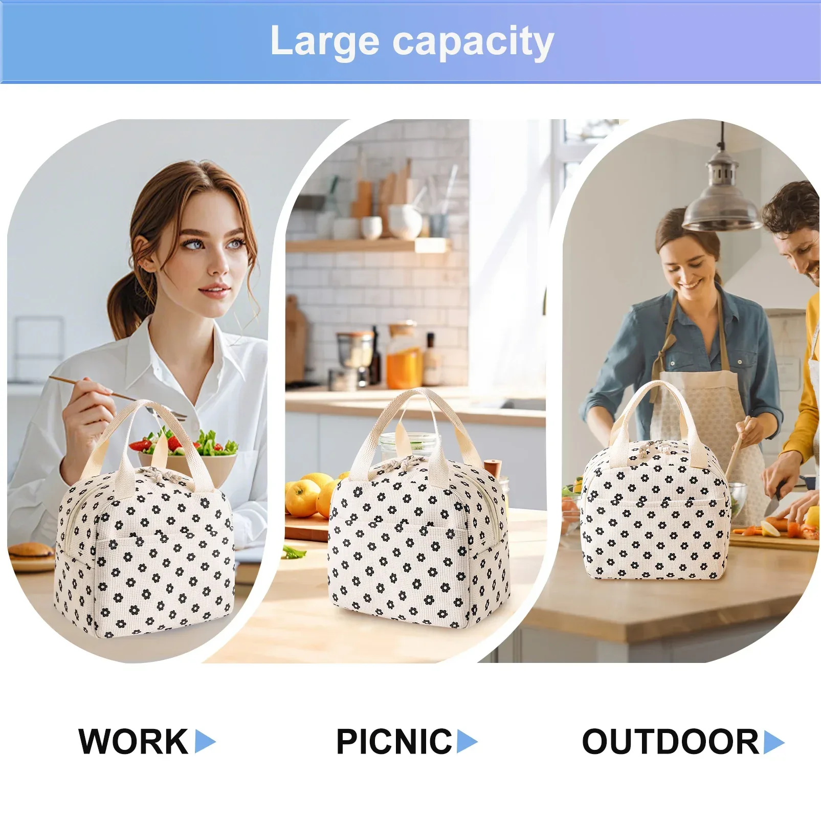 Cute Corduroy Lunch Bag for Women Men, Insulated Lunch Box Tote Bag Reusable Leakproof Bento Cooler Bag for Work Picnic Travel (Black Floral Beige) - Image 7