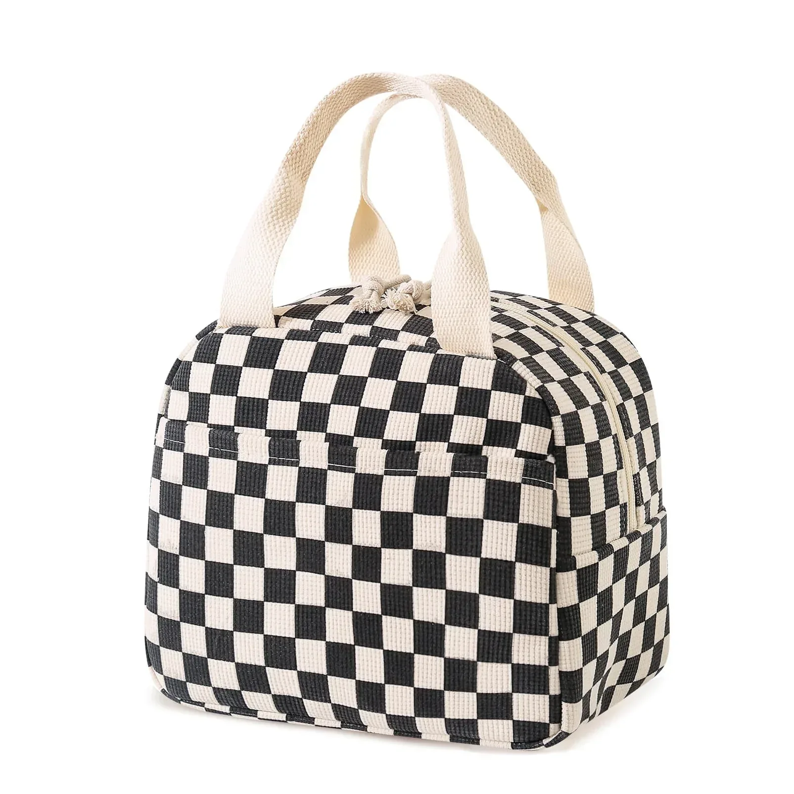 Cute Corduroy Lunch Bag for Women Men, Insulated Lunch Box Tote Bag Reusable Leakproof Bento Cooler Bag for Work Picnic Travel (Black Floral Beige) - Image 8
