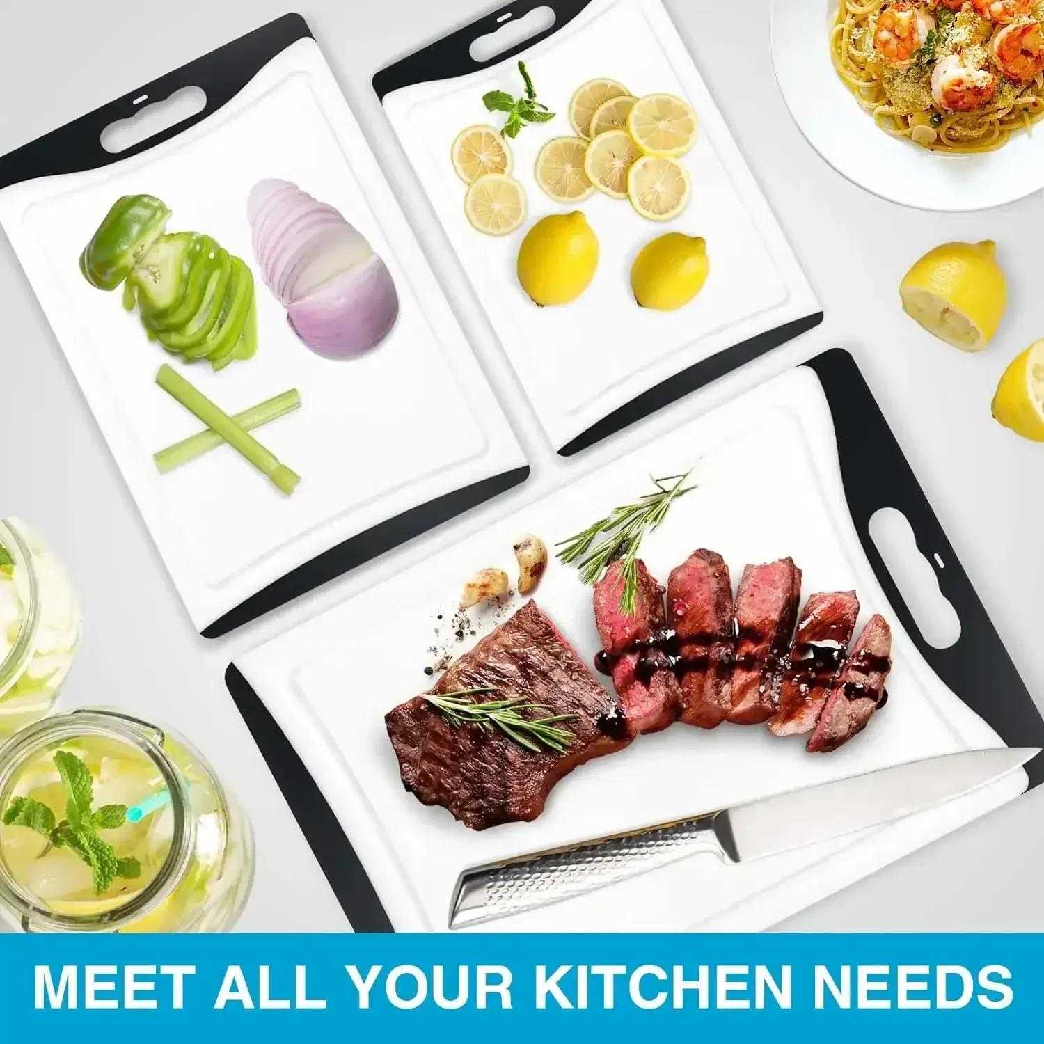 Cutting Boards for Kitchen, Plastic Cutting Board Set of 3, Dishwasher Safe Cutting Boards w/Juice Grooves for Meat, Veggies, Easy Grip Handle, Serveware Accessories - Image 7