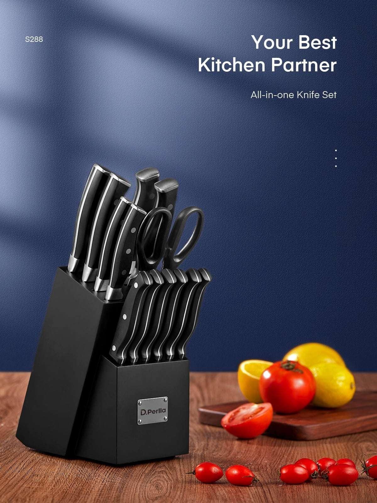 D.Perlla Knife Set, 14 Pcs Kitchen Knives Set with Built-in Sharpener, Stainless Steel Knife Set with Block - Image 8