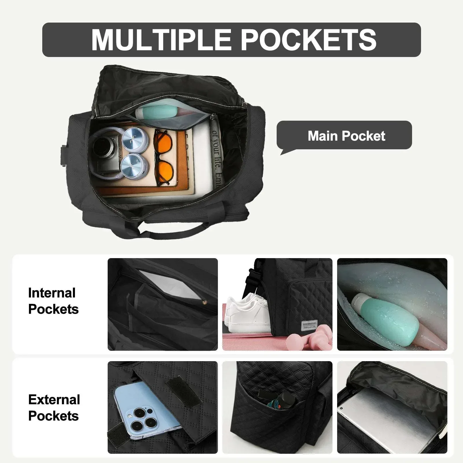 DAKIMOE Travel Duffle Bag for Women Men, Weekender Bags Carry on Gym Bag with Wet Pocket/Adjustable Strap/Shoe Compartment, Foldable Waterproof Overnight Tote Bag for Plane Sports Dance, Black - Image 5